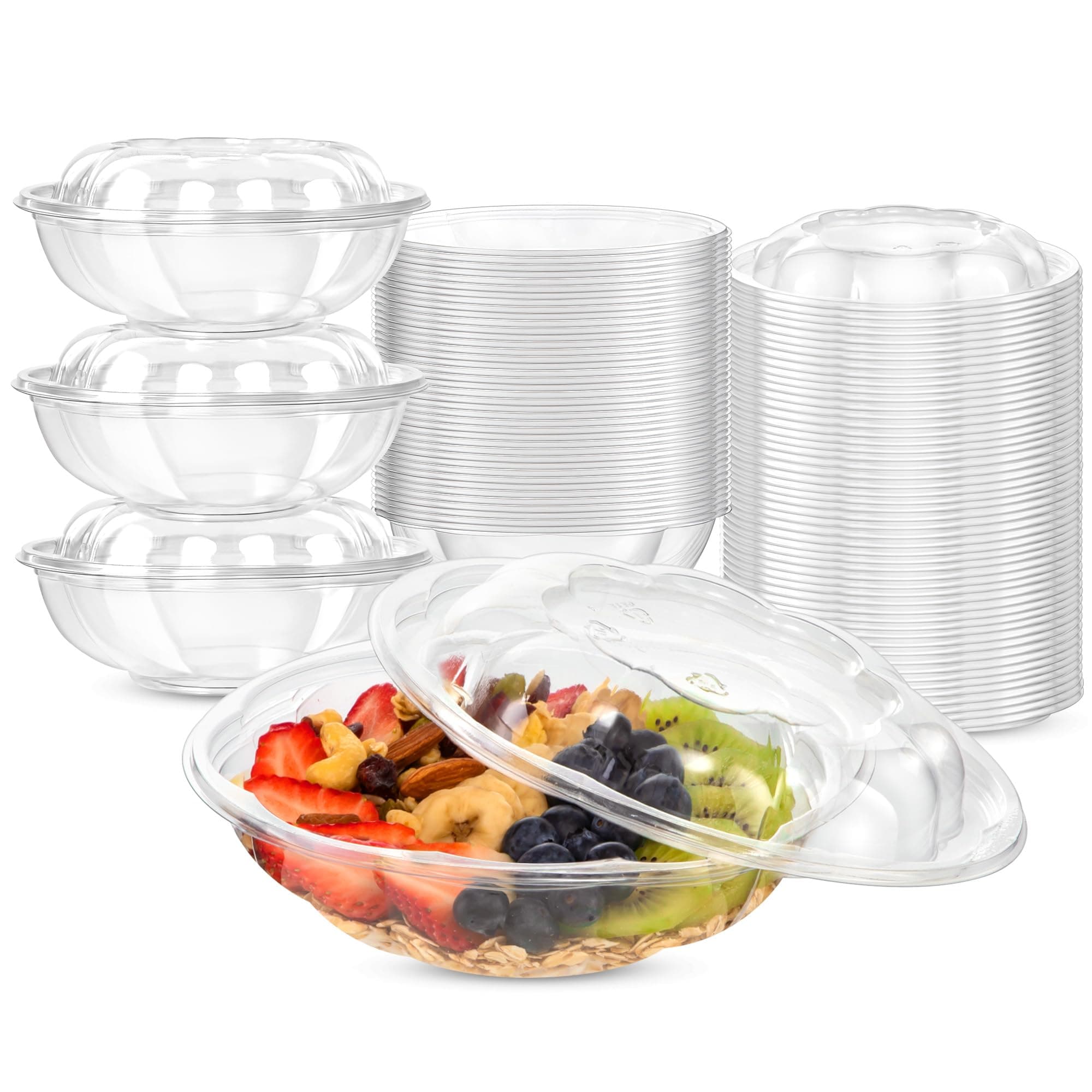 Fit Meal Prep 50 Pack 24 oz Disposable Plastic Clear Salad Bowls with Airtight Lids - To Go for Lunch, Takeout, Party, Catering, Picnic