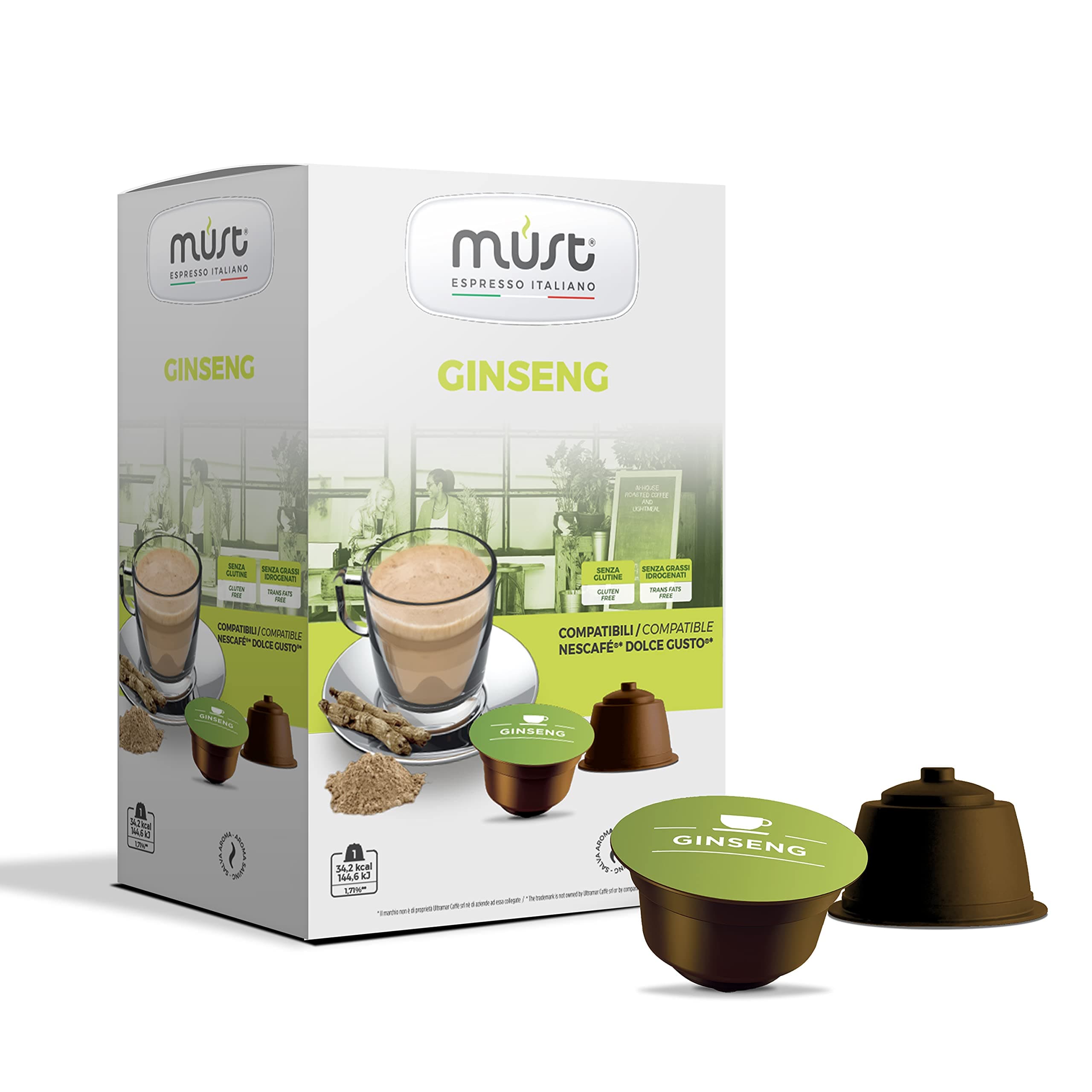 MUST 16 Coffee Capsules Self Protected in 100% Recyclable Plastic, GINSENG blend Pack of 16 Capsules Compatible with Dolce Gusto Mchine, Made in Italy