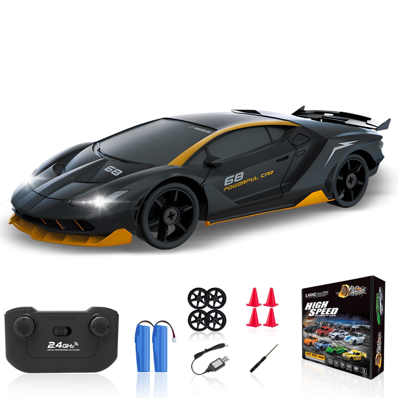 RC Drift Car, 1/24 2.4GHz Remote Control Car 4WD High Speed Drifting RC Cars with LED Light, Two Rechargeable Batteries and Drift Tires for Kids Boys Girls and Adults, Black