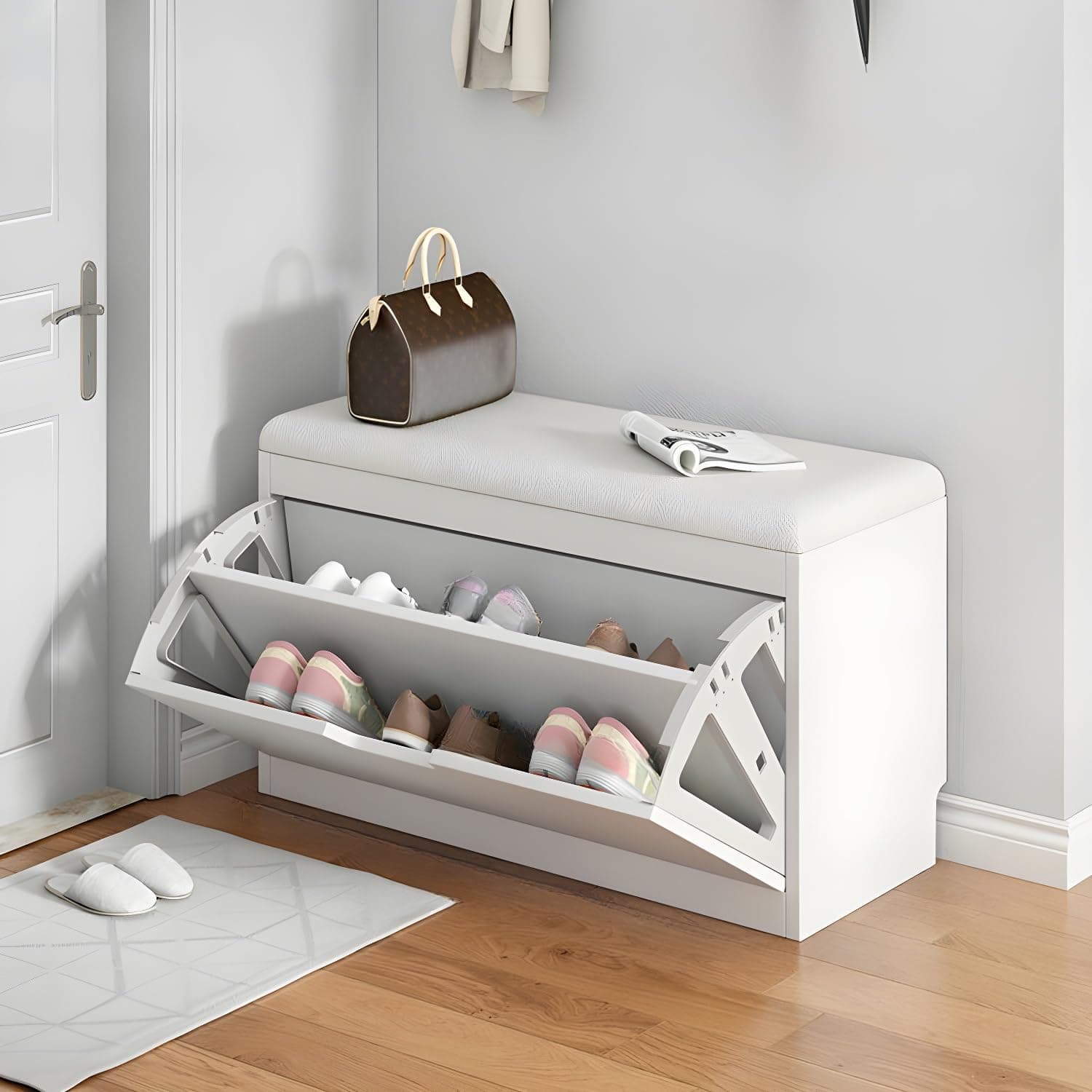 LITFAD Modern Shoe Storage Bench with Doors - Entryway Bench with Cushion Seat - Hallway Bench with Hidden Shoe Storage - Free Standing Organizer - 24" L x 9" W x 18" H White