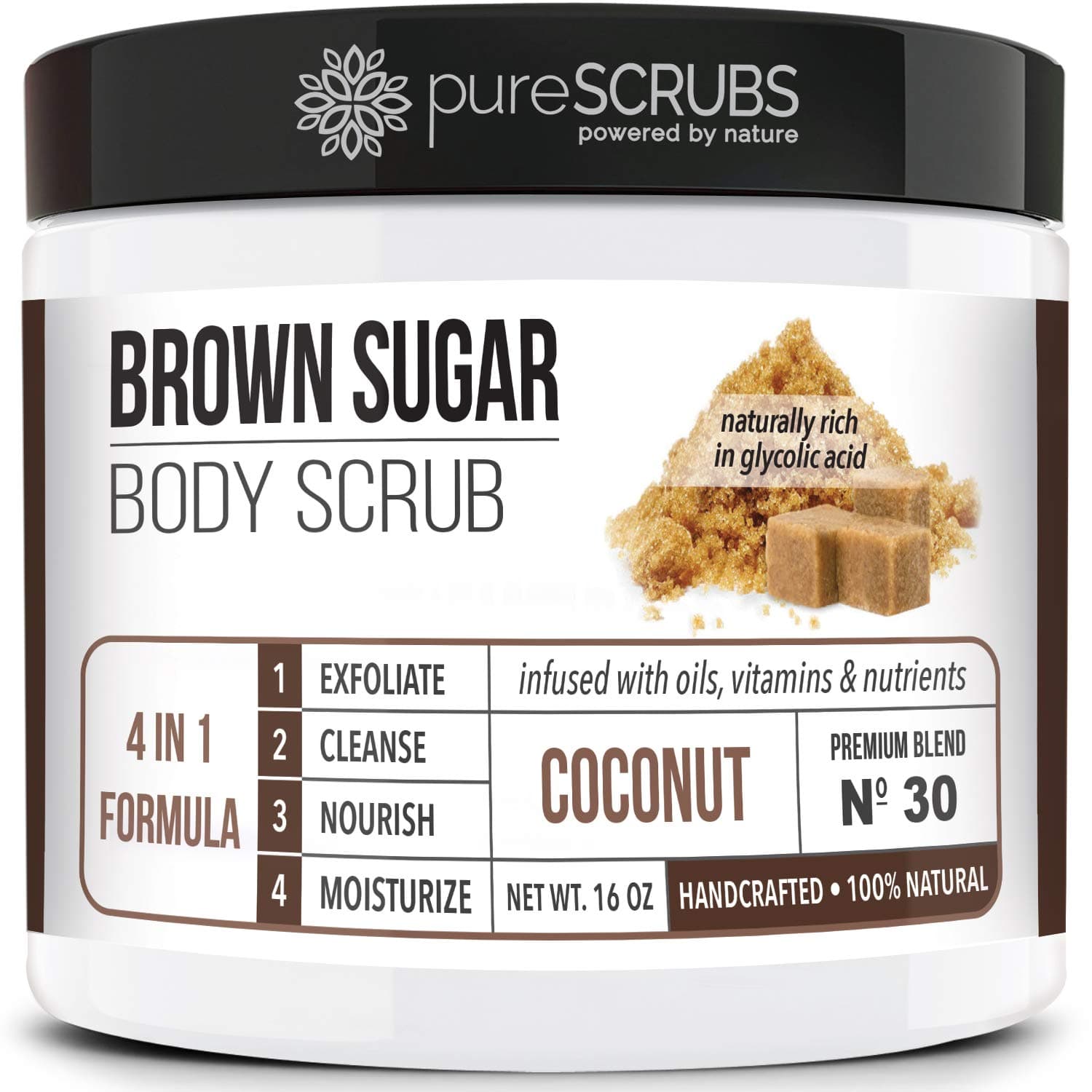 - pureSCRUBS Premium Coconut Brown Sugar Scrub | Face, Feet & Full Body Scrub | Large 16oz Jar Includes Wooden Spoon, Loofah & Mini Exfoliating Bar Soap
