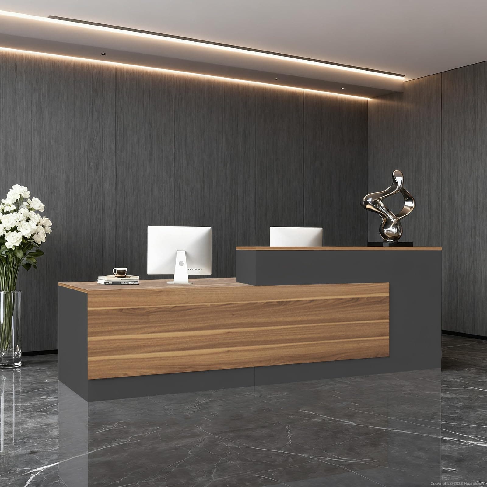 Modern L-Shaped Reception Desk with Hutch, Reception Counter Table, Lockable Drawer Door Cabinet, Office Wooden Computer Front Desk (European Oak+lron Gray-Right Cabinet, 71"L*24"W*41"H)