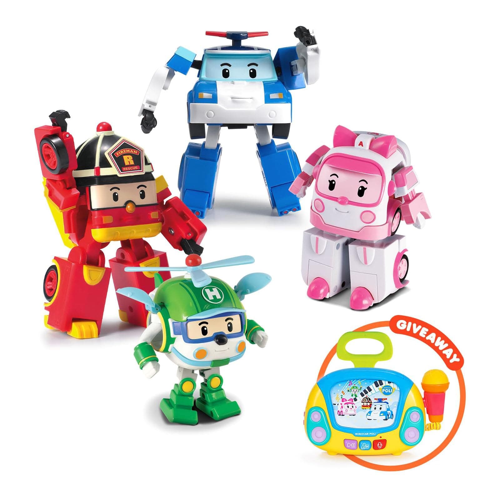 Robocar Poli 4 Pack Jukebox Poli+Amber+Roy+Helly Transforming Robot Action Figure Toys, 4" Transformable Emergency Vehicle Playset Gift for Kids Age 1-5