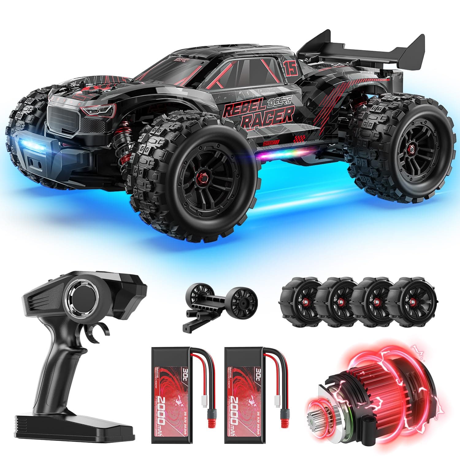 DEERC 1:14 Fast Brushless RC Car for Adults, Max 46+ mph Off-Road Truck, 2 * 3S Lipo 4WD Waterproof, High Speed Remote Control Car, All Terrain RC Truggy for Snow, Sand & Mud
