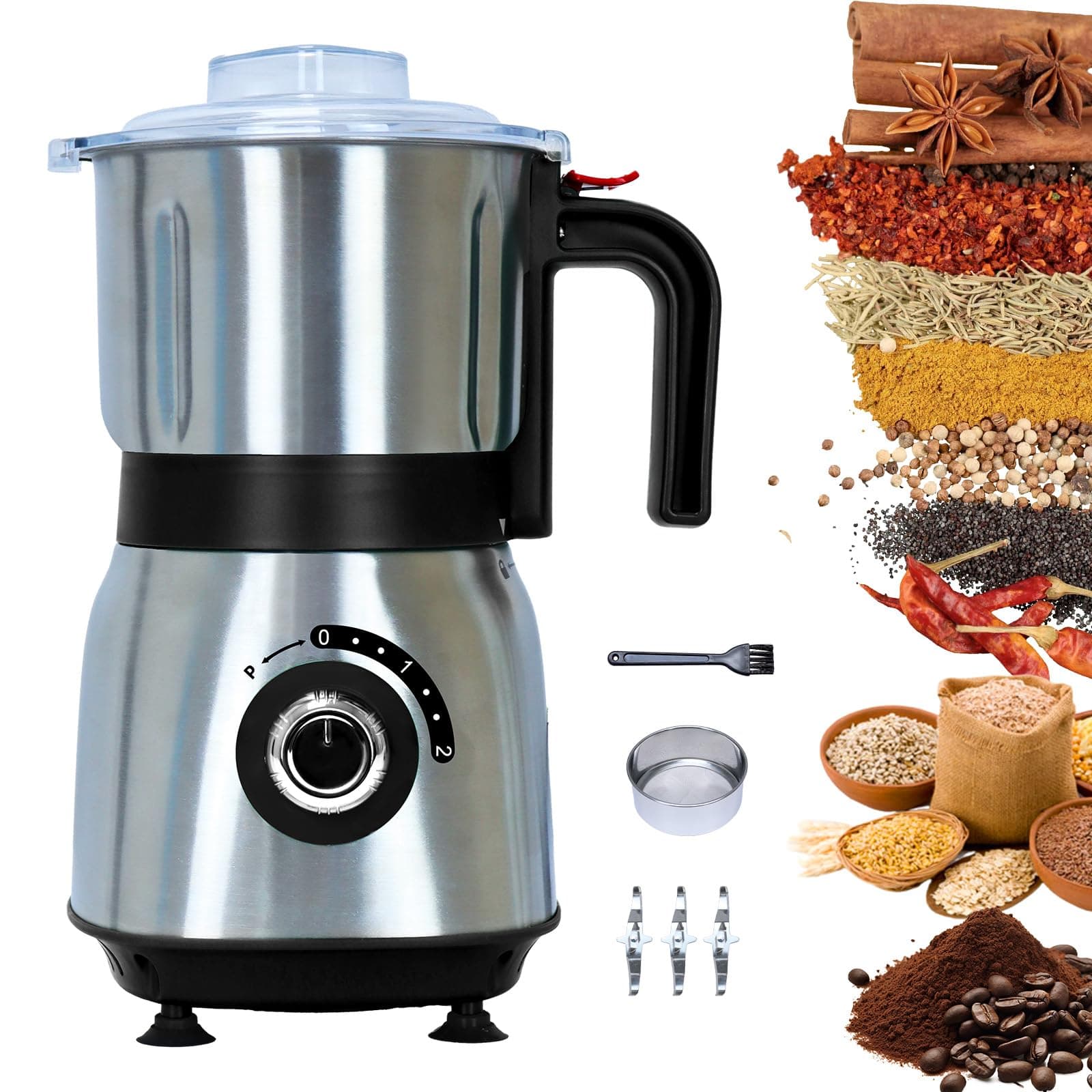 Versatile Kitchen Grinder | 500W Electric Mill | Grinds Spices, Nuts, Grains, Coffee | 3 Stainless Steel Blades | Dry Use (Black)