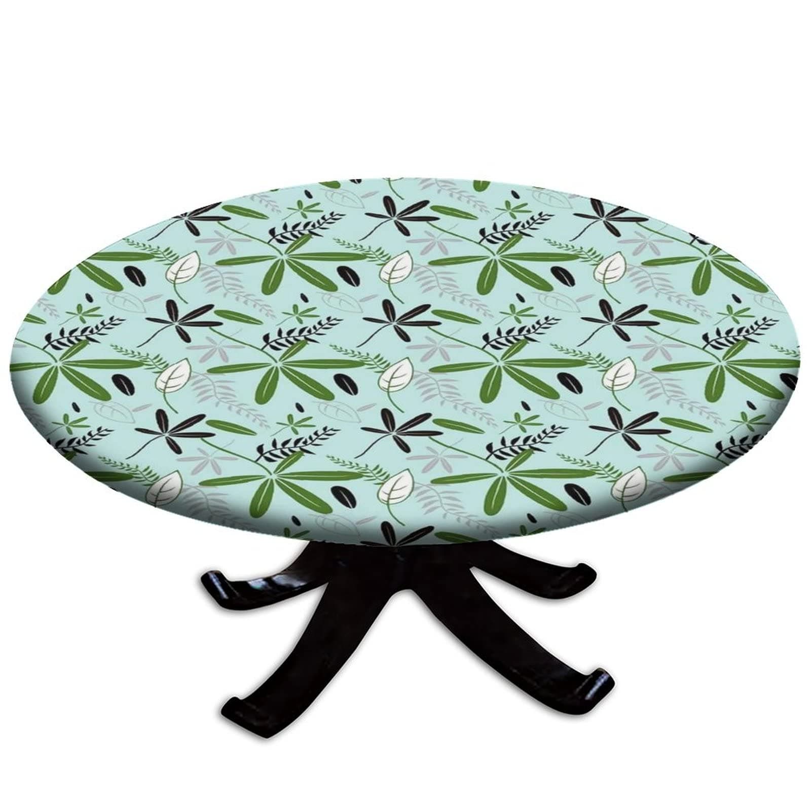 Greenery Graphic Leaves Fitted Round Tablecloths, Elastic Edged Waterproof Table Covers,Outdoor Indoor Table Decor, for Party Kitchen Patio Restaurant Farm Table Cloth Mat,Fit for 28" Table