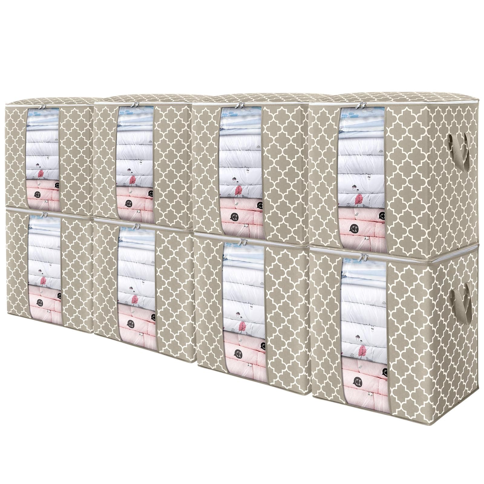 WISELIFE Storage Bags 8 Pack/100L Large Blanket Clothes Organization and Storage Containers for Comforters,Bedding, Foldable Organizer with Reinforced Handle, Clear Window, Sturdy Zippers,Beige