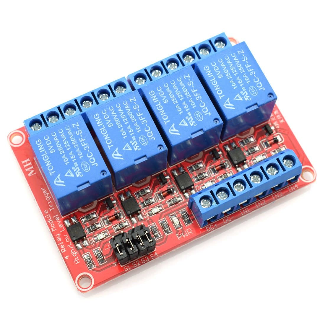 5V 4 Channel Relay Optocoupler Isolation Module Red Board 3-5V High and 0-1.5V Low Level Triggered Load AC 0-250V / DC 0-30V 10A SCM IO Control