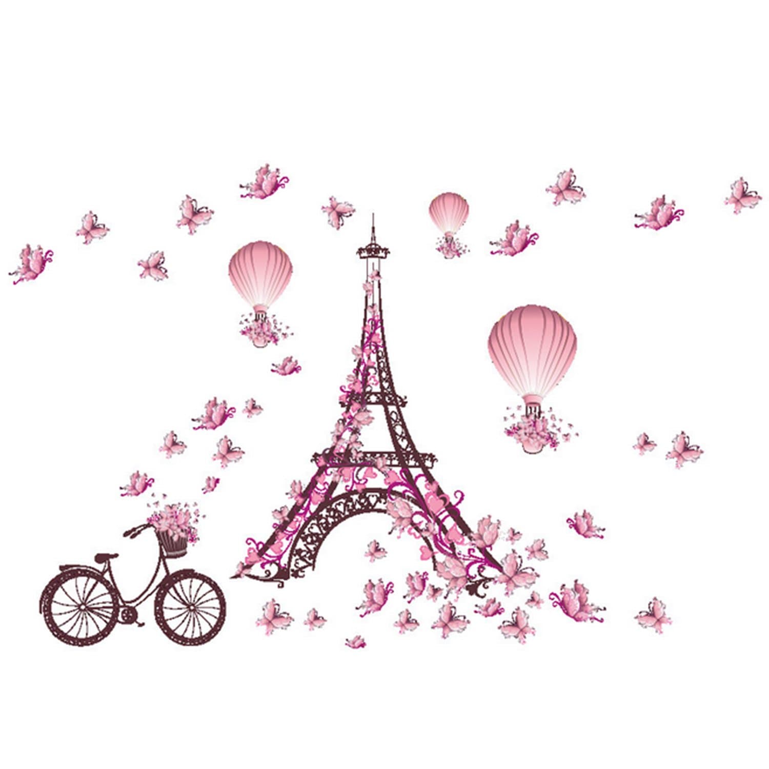Decor MI Romance Eiffel Tower Paris Butterfly Balloon Wall Decal Stickers Waterproof Removable Background Paris Decors Wallpaper Pink Wall Decals for Girls Bedroom Living Room Bathroom 39x26 inches