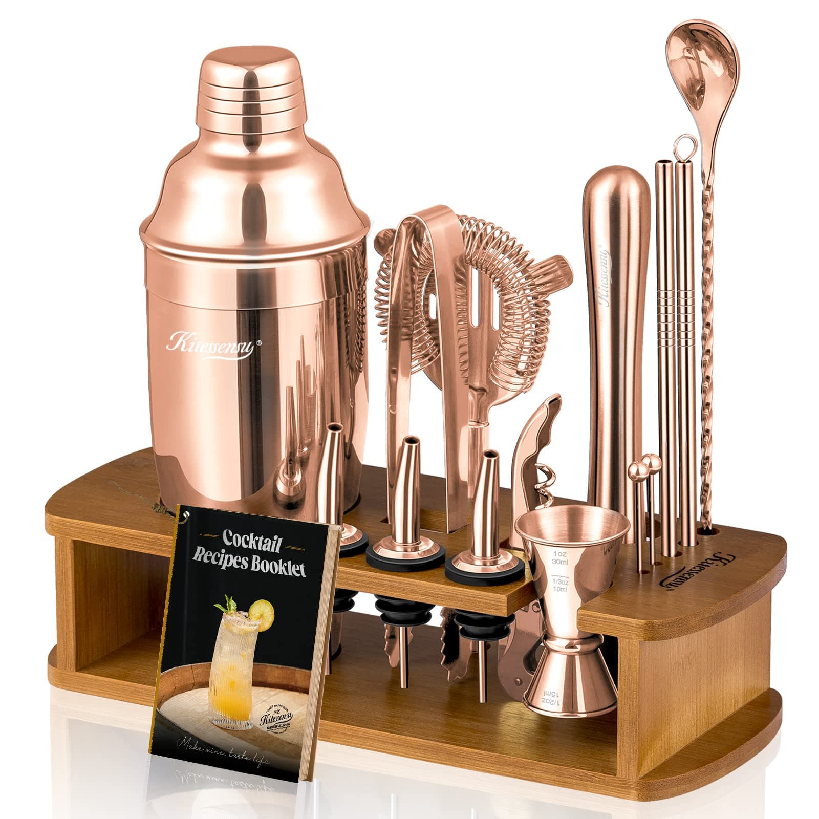 KITESSENSU Cocktail Shaker Set Bartender Kit with Stand - Drink Mixer Bar Set with All Essential Bar Accessory Tools - Martini Shaker Jigger Strainer Mixer Spoon Muddler Liquor Pourers - Rose Gold