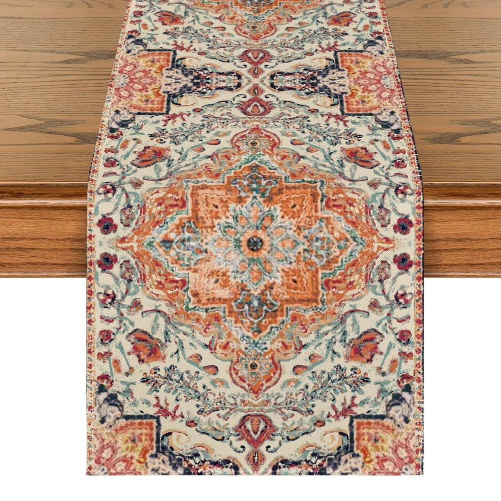 Artoid Mode Boho Bohemia Style Orange Table Runner, Country Rustic Farmhouse Magical Fall Kitchen Dining Table Decoration for Home Party Decor 13x72 Inch