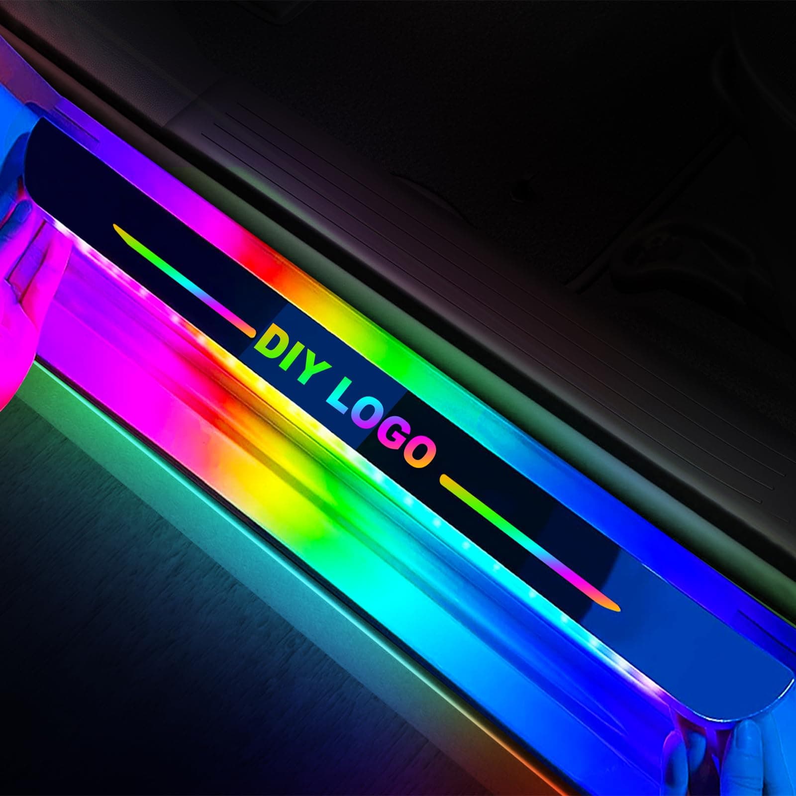 Custom Wireless LED Car Door Sill Lights, High Bright & Sensitive Colorful 7 Color 28 Modes Anti-Scratch Carbon Fiber Auto-Sensing Waterproof Car Sill Light Plate, Car LED Doorsill Lights