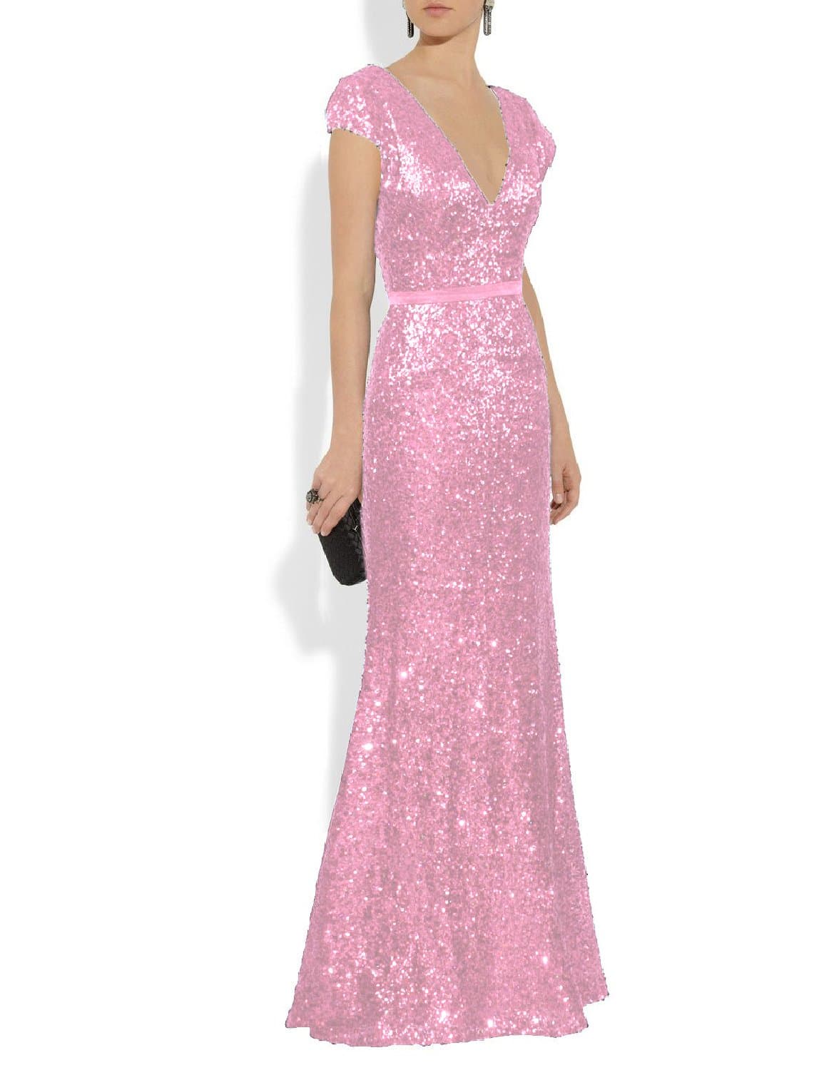Mitchell SZ Women's V Neck Sequined Long Evening Dresses Formal Gowns Pink Size 18