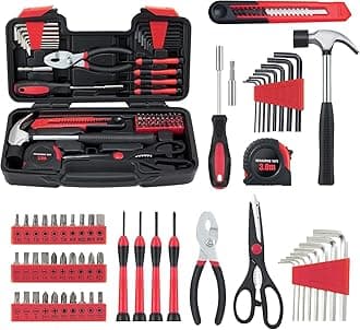 MARTCOLOR 58 Piece Household Tool Set, General Household Hand Tool Kit with Plastic Toolbox Storage Case, All Purpose Household Tool Kit for Home, Garage, Office and College Dormitory Use, Red