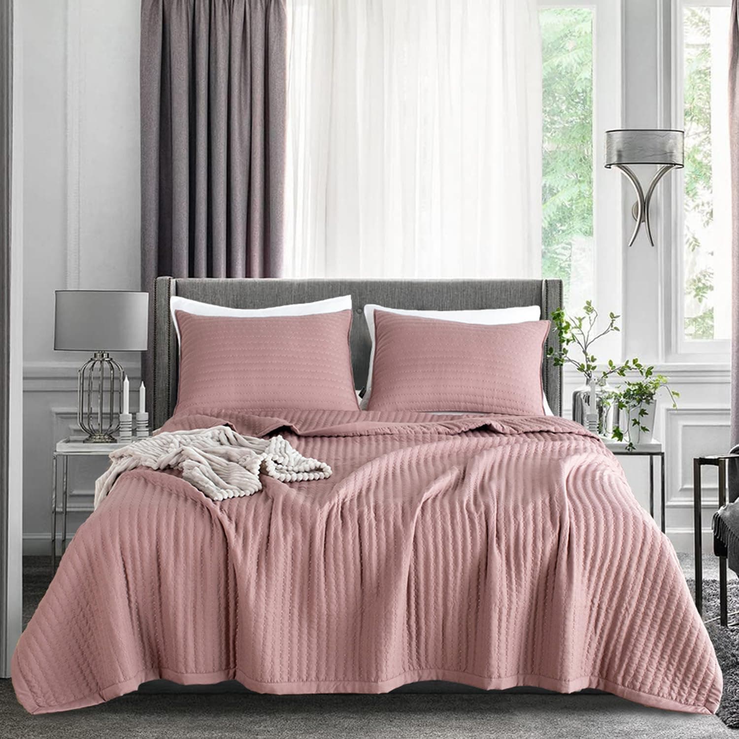 KASENTEX Quilt Mini Set-Stone Washed-Super Soft Bedspread-Light Weight-White Down Alternative Microfiber Fill-Machine Washable-Solid Colors, Twin +2 Shams, Twilight Mauve Purple