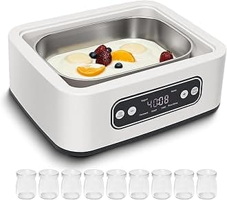 1.7-Quart Yogurt Maker with Adjust Temp(21°C-48°C/70°F-118°F) & Time(1-99h),110V-240V Auto-adaptive,Steel Inner Pot,BPA-free,Celsius Increment,Real-Time Countdown LED Display (Addition 9 Jars)