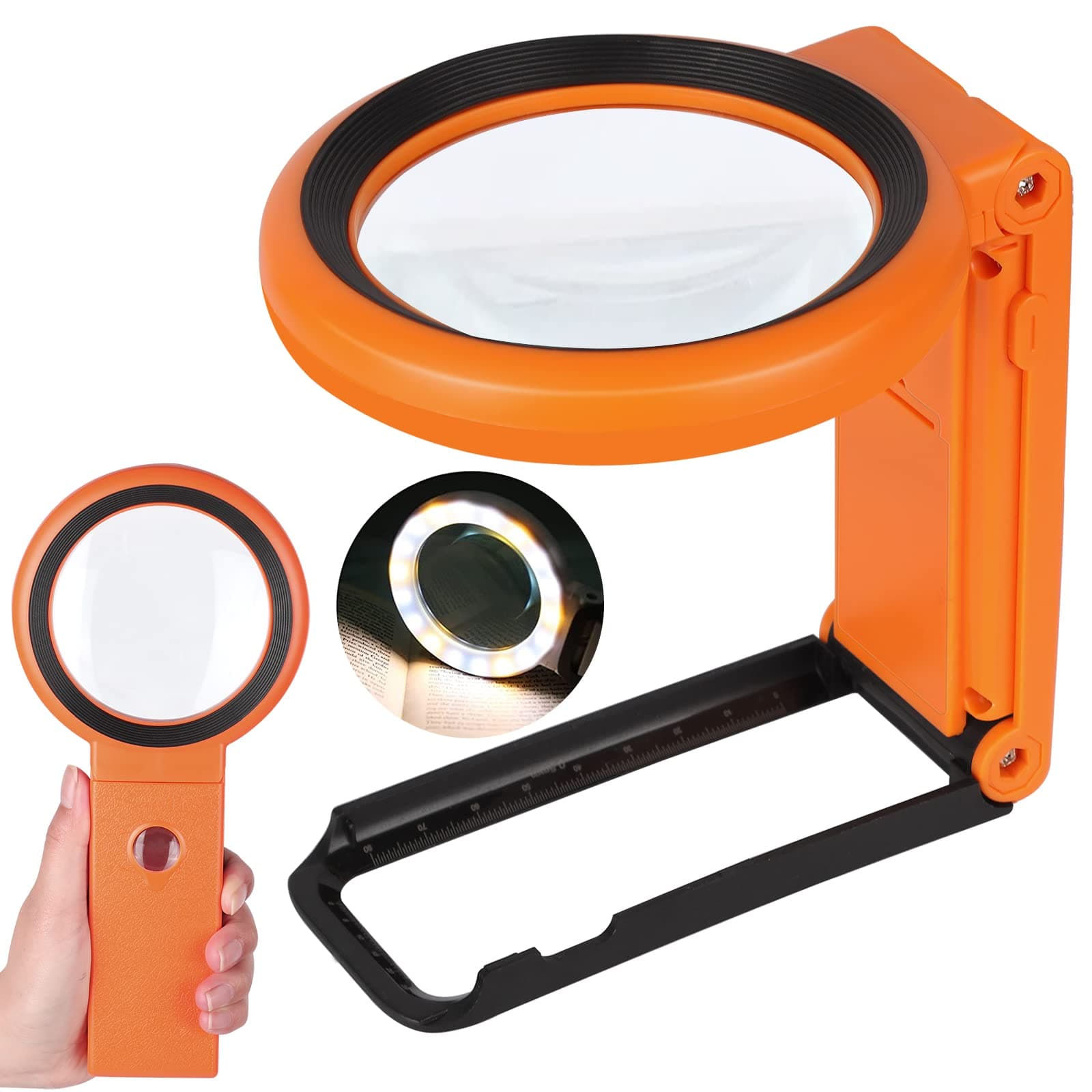 Magnifying Glass with Light and Stand, Foldable Handheld Magnifying Glass 18 LED Illuminated Lighted Magnifier for Macular Degeneration, Seniors Reading, Close Work, Coins, Jewelry Orange