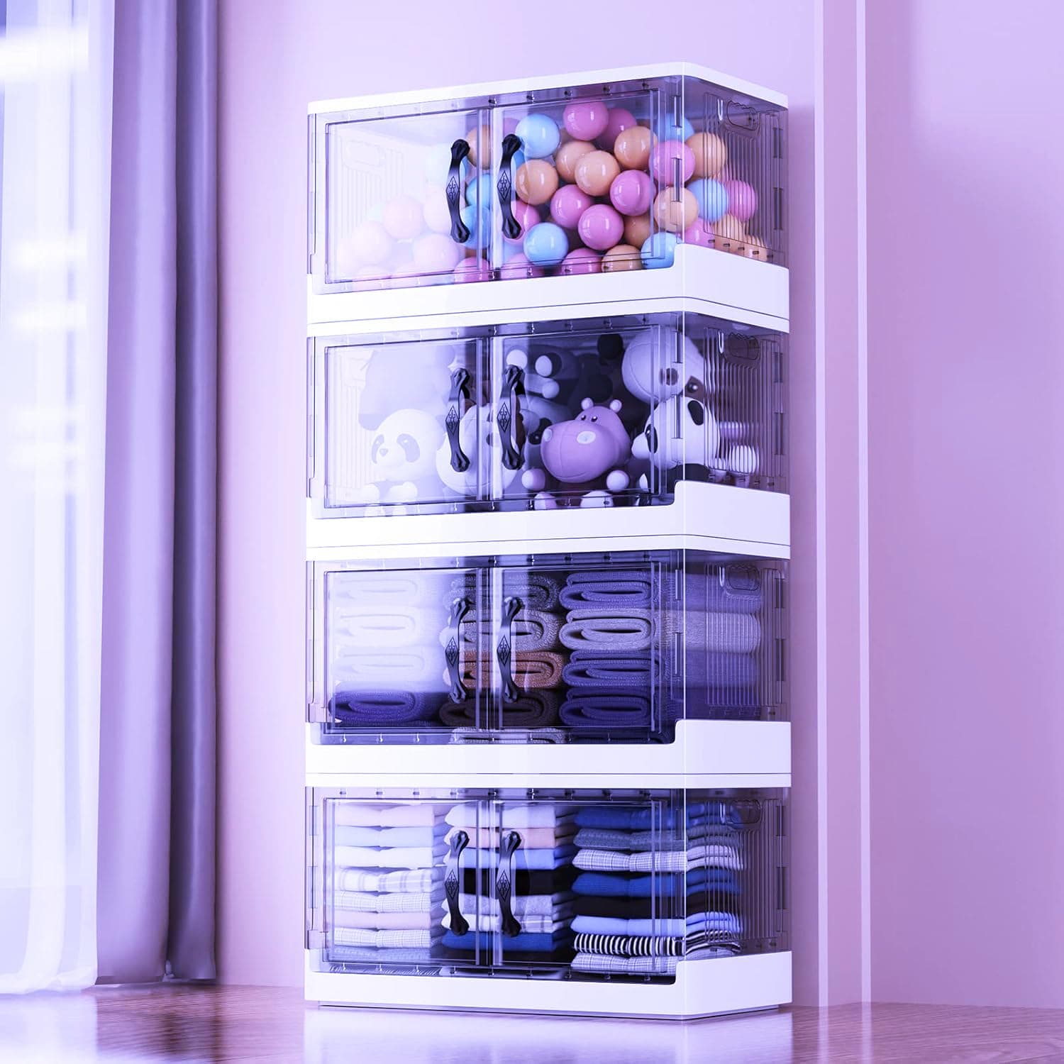 – Storage Box with Lids, 172L Collapsible Large Storage Bins, Plastic Foldable Storage Box with Wheels, Stackable Container for Clothes/Toys/Books Organization (4 Packs S1)