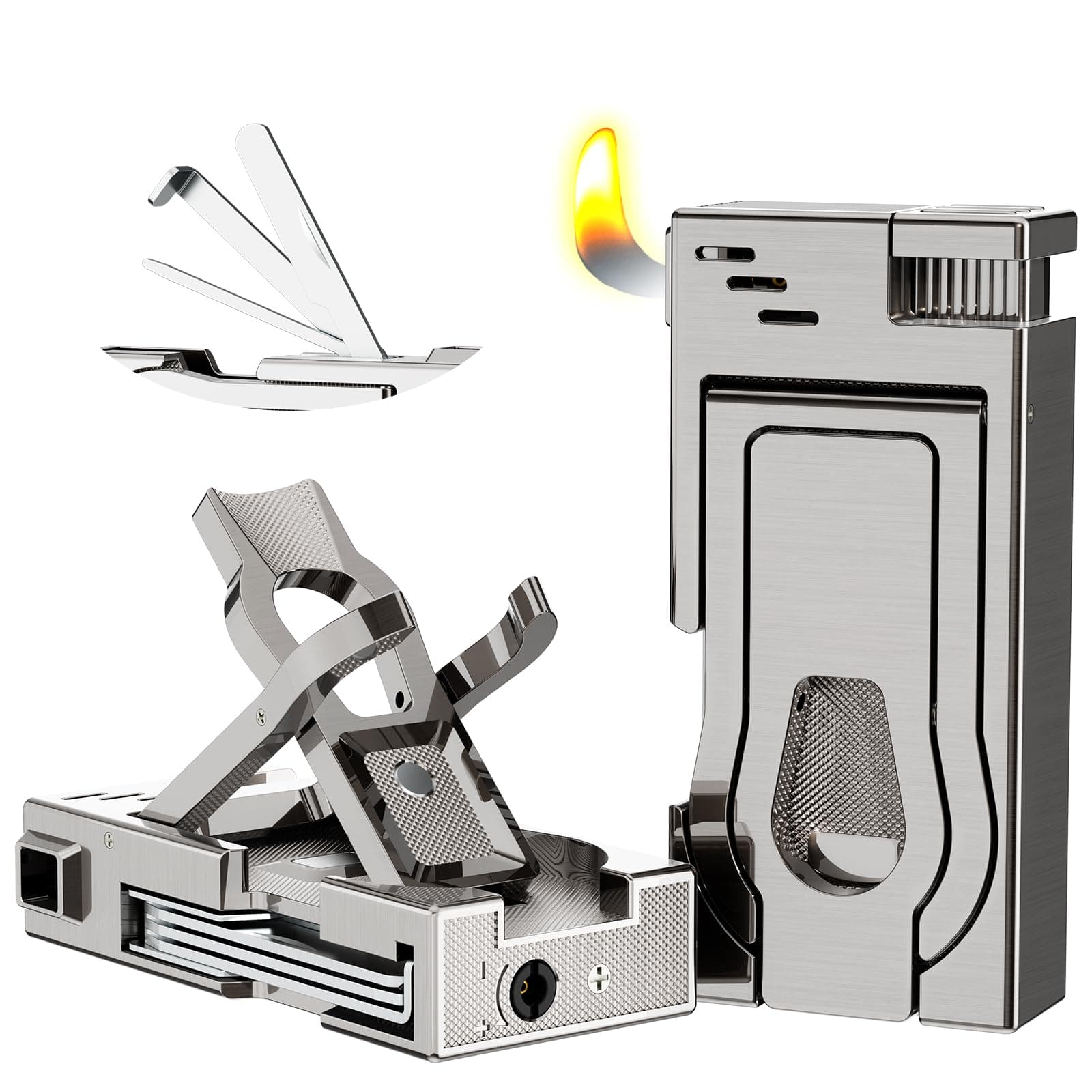 5 in 1 Pipe Lighter，Built-in Pipe Stand, Stainless Steel 3 in 1 Pipe Tool Cleaner - Pipe Reamer Tamper Pokers, Refillable Butane Lighter with Angled Soft Flame, Pipe Gift for Pipe Smokers