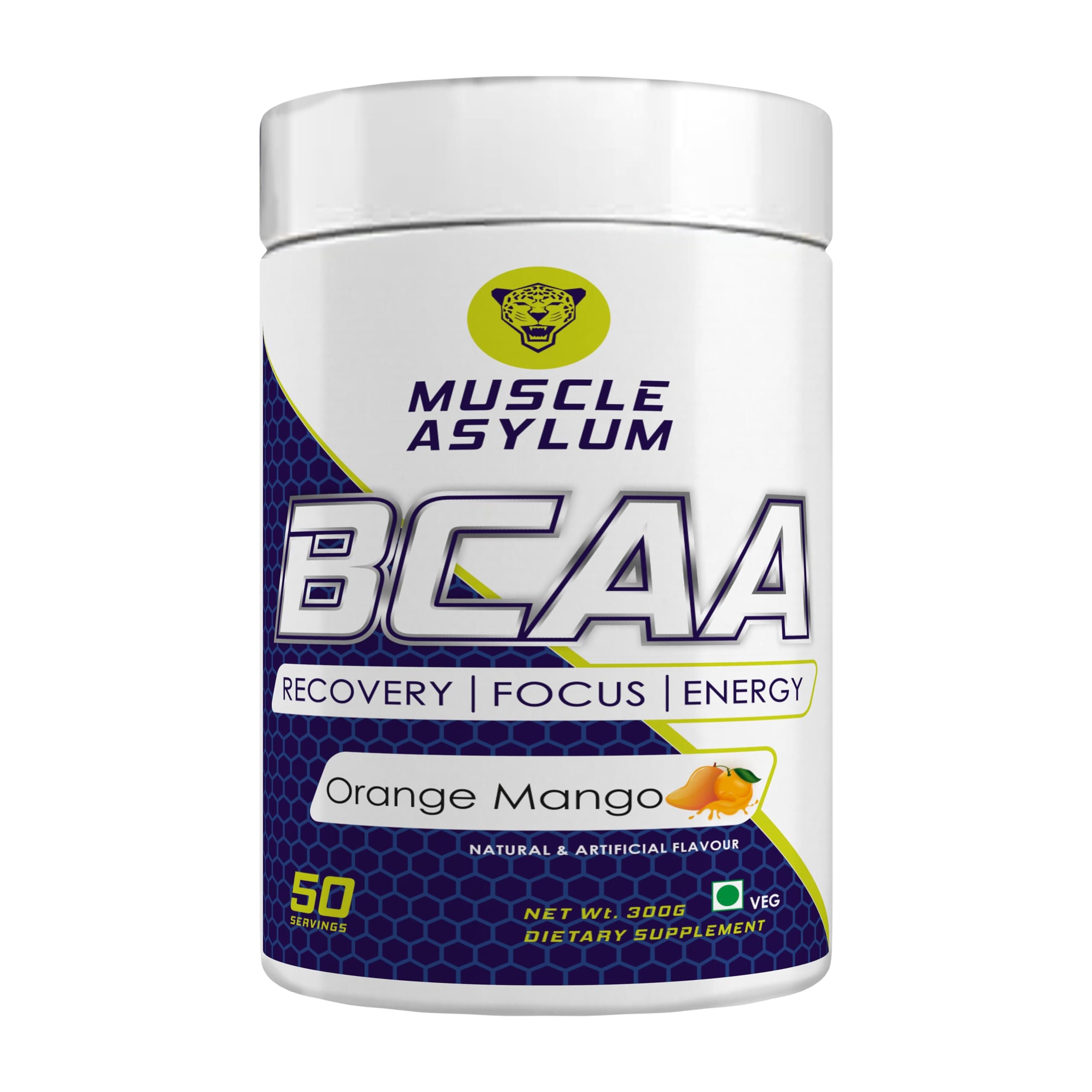 Muscle Asylum BCAA - (50 Servings) BCAA (2:1:1) + L-Tyrosine, Taurine and Theanine- Orange Mango