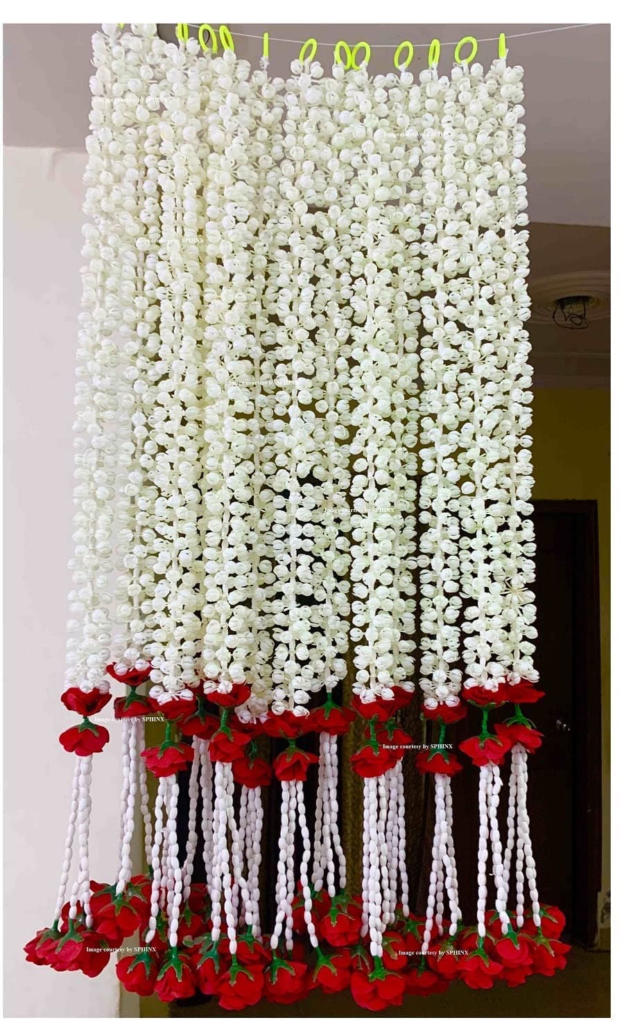 SPHINX Artificial Jasmine Buds & Clustered Rose Strings for Festive Pooja Wedding Housewarming Decorations Approx 2.5 ft - Number of Strings- (Red, 6)
