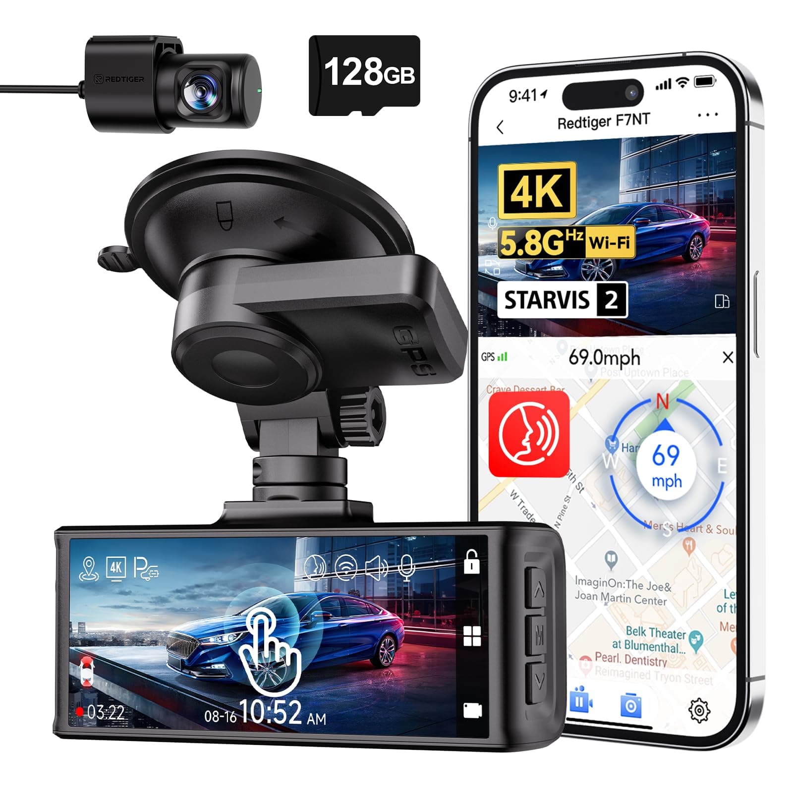 REDTIGER 4K Dash Cam Front and Rear, Touch Screen 3.18 Inch, Voice Control, 5.8GHz WiFi Car Dash Camera with 128GB Card, GPS, UHD 2160P Night Vision, WDR, Emergency Lock, Parking Monitor (F7N Touch)