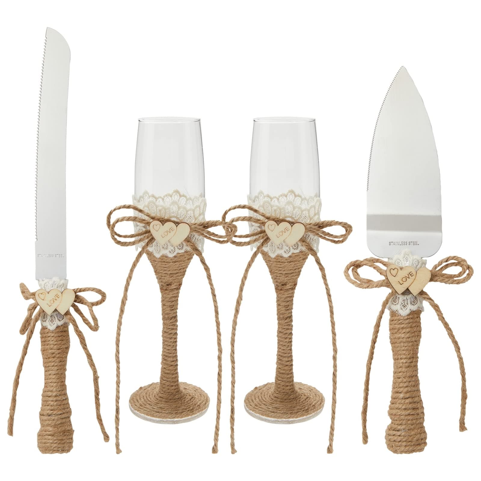 Juvale Wedding Decor Rustic Cake Knife & Server Set with Champagne Flutes - Brown Wood Handles, 13.2in Knife & 11in Server, 7.1oz Flutes - Rustic Wedding Decorations