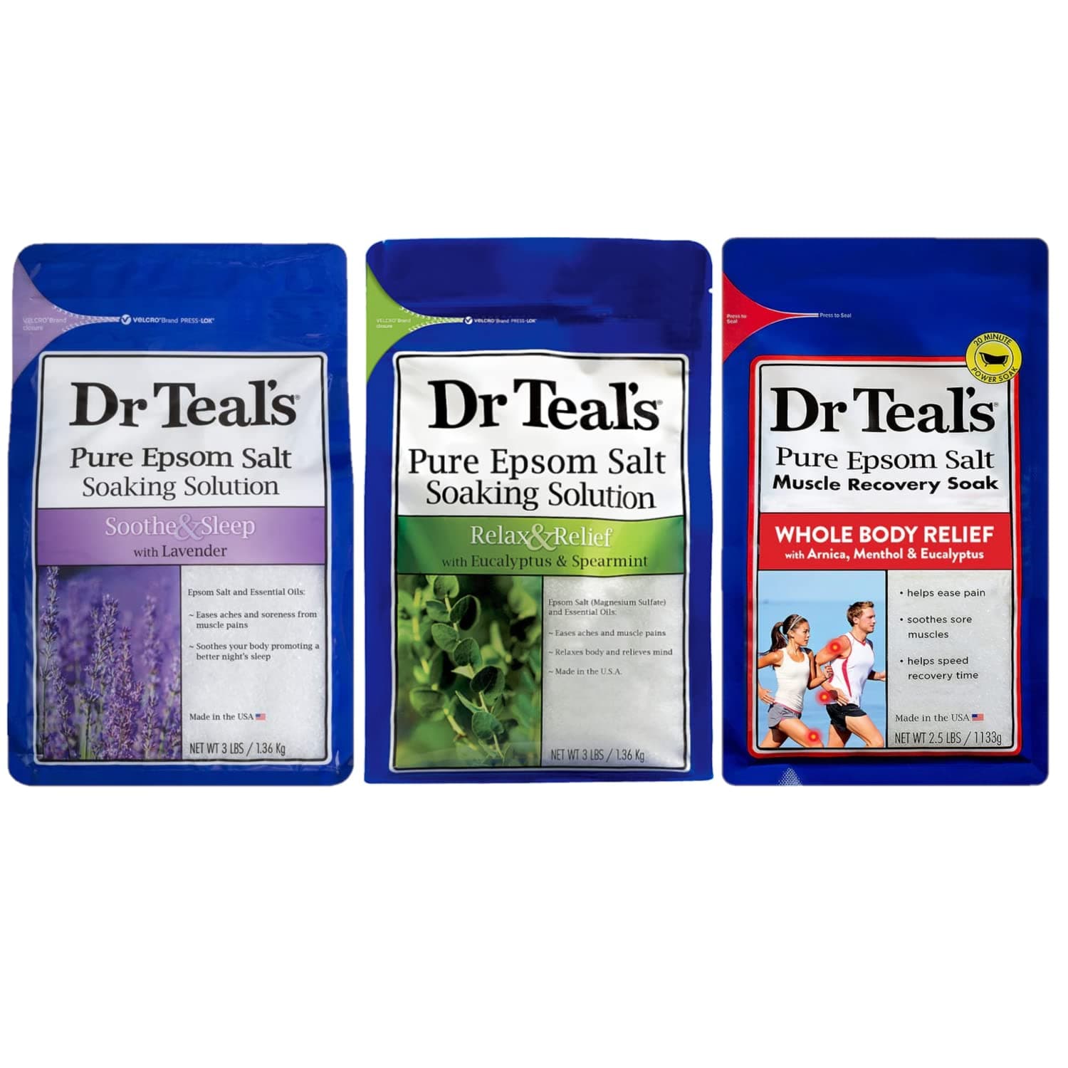 Dr Teals Epsom Salt Soak Combo (8.5 lbs Total) - Soothe & Sleep with Lavender, Relax & Relief with Eucalyptus & Spearmint, and Muscle Recovery with Arnica & Menthol - Treat Skin & Relieve Sore Muscles