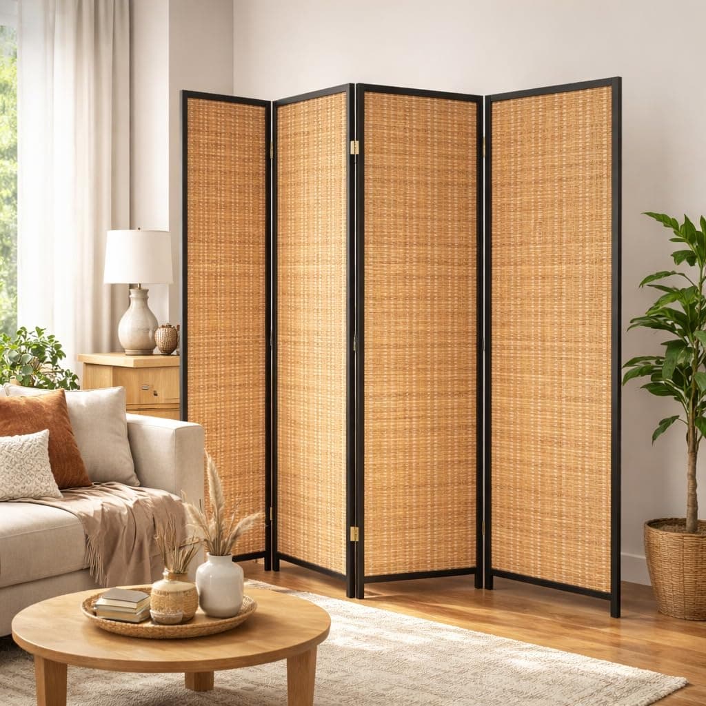 – Vital 4-Panel Room Divider | Folding Privacy Screen for Bedroom & Living Room | Rattan Partition Wall | Portable Freestanding Divider | Wood-Finish Frame (A7)