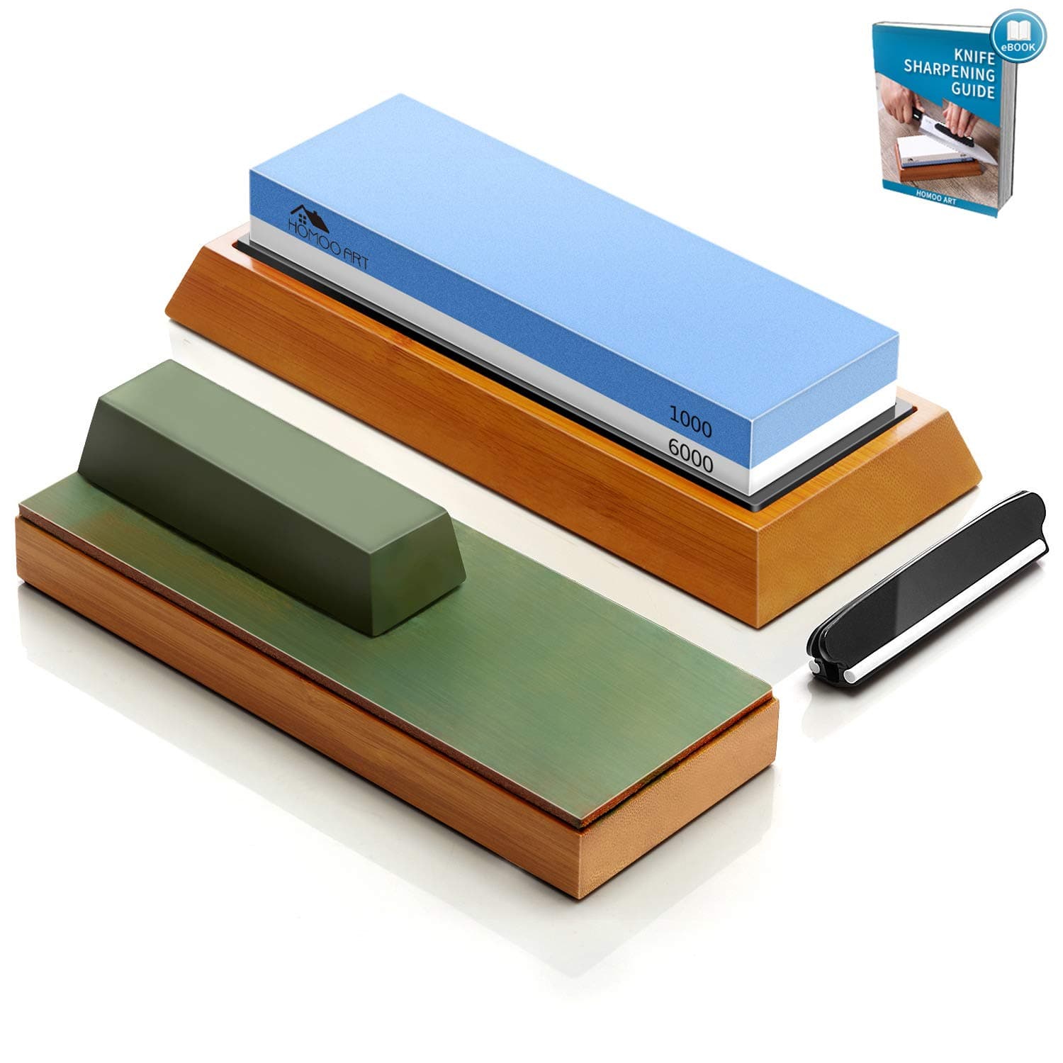 Complete Knife Sharpening Stone Set, Dual Grit 1000/6000 Whetstone kit, Bamboo Leather Strop, Waterstone Knife Sharpener with Non Slip Bamboo Base, Green Honing Compound & Angle Guide