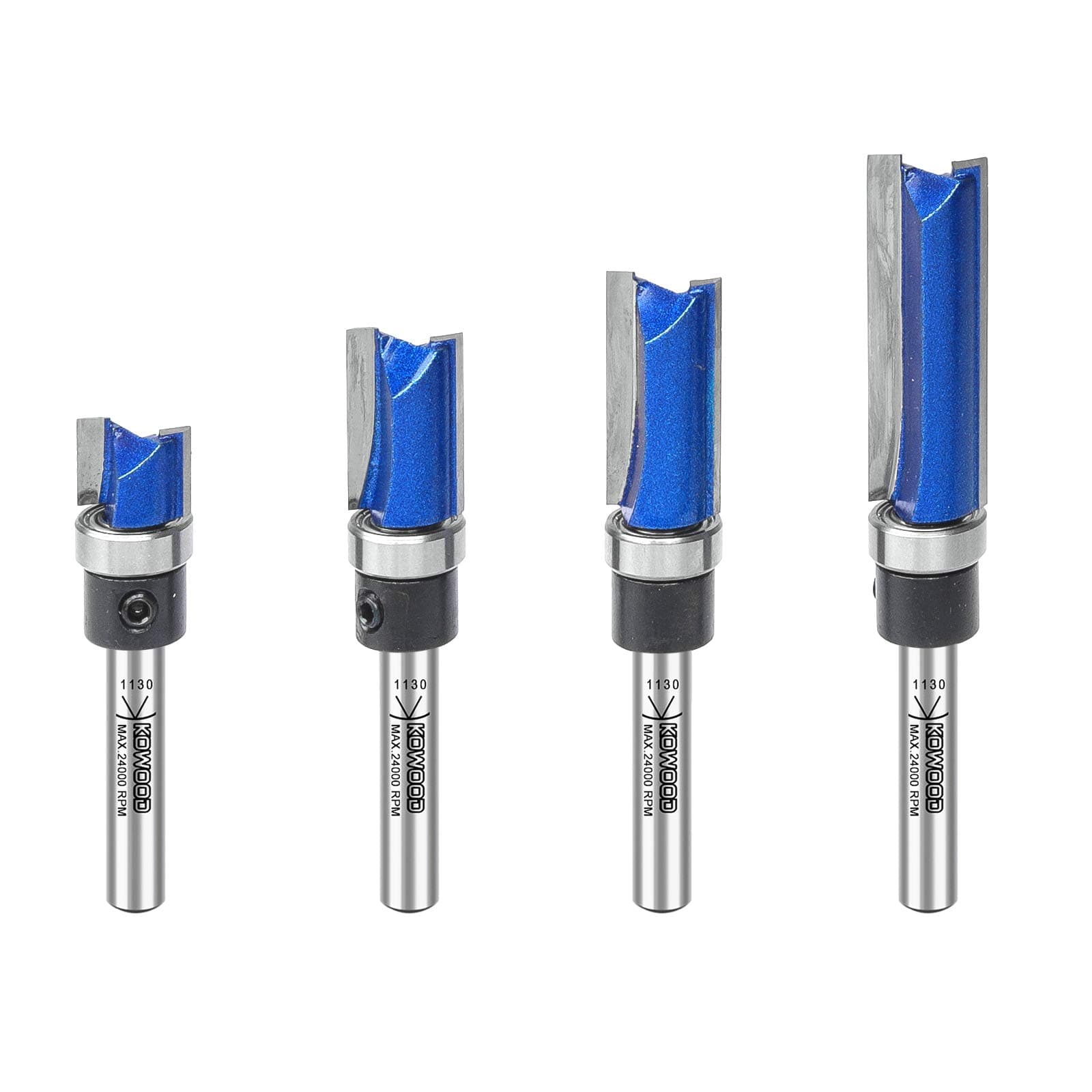 Professional Pattern Flush Trim Router Bits 1/4 Inch Shank, C3 Carbide Bottom Bearing Flush Trim Cut Router bit Set 25/64”, 3/4", 1", 1-1/2" Cutting Length for Woodworking