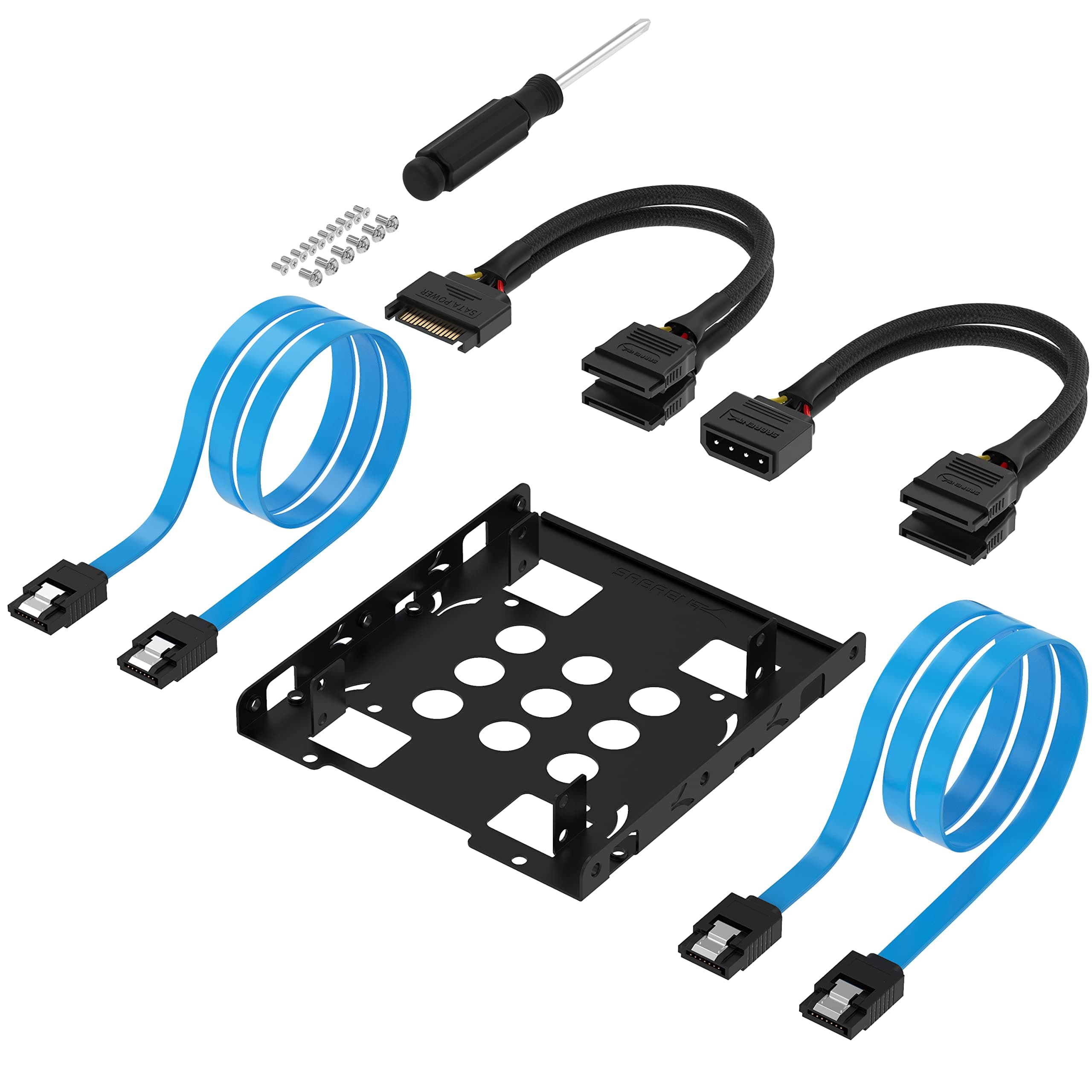 Hard Disk Mounting Kit Adapter, Dual 2.5 to 3.5 Hard Drive Mounting Bracket, SSD Mounting Kit, 2 SATA Data Cables, 2 Power Splitter Cables (BK-HDCC)