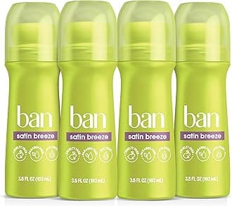 Ban Invisible Roll-on Antiperspirant Deodorant for Women and Men, 24-hour Underarm Odor & Sweat Protection, Satin Breeze, 3.5 Oz, Pack of 4