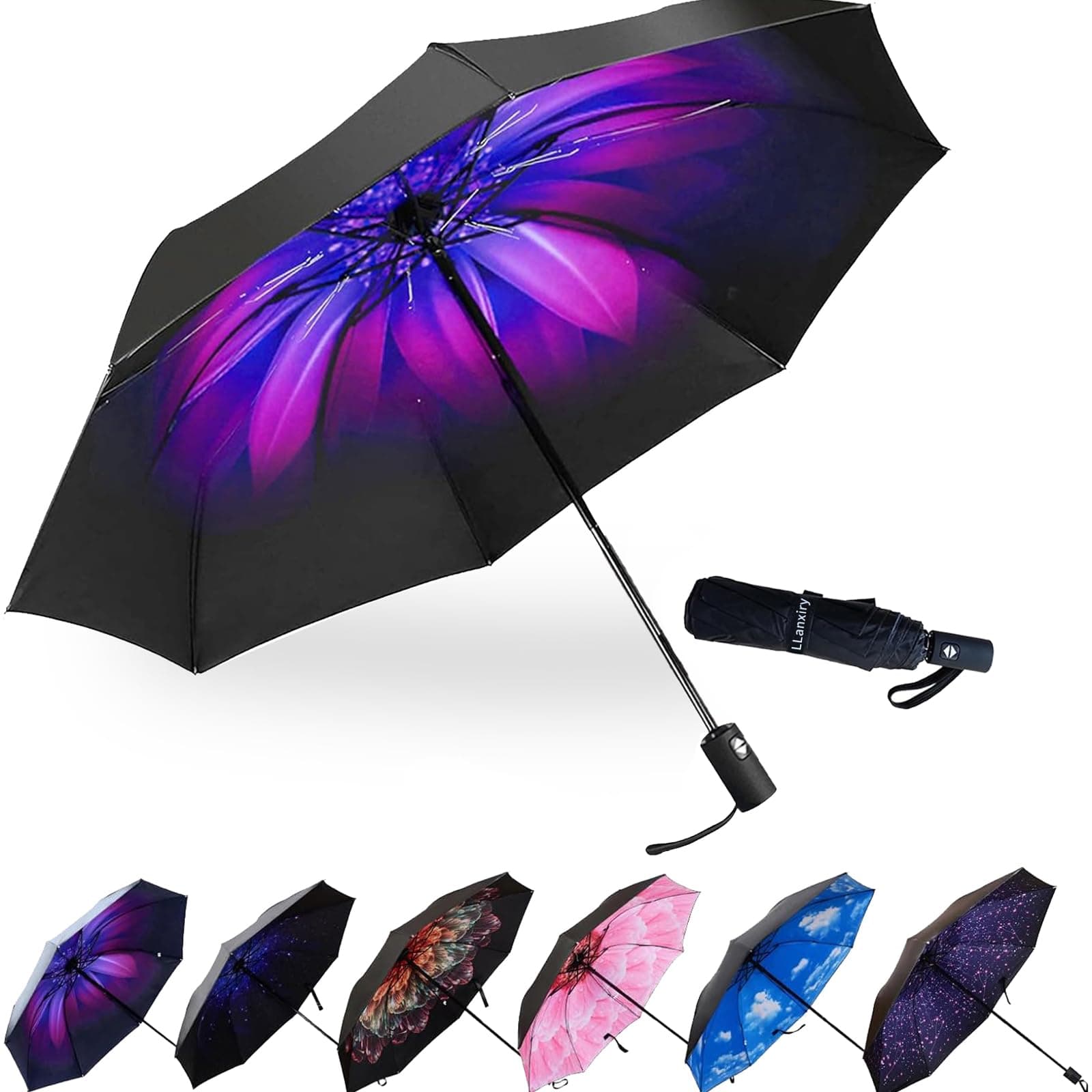 LLanxiry Compact Travel Umbrella, 44" Canopy, Automatic Open/Close Windproof Umbrella, 210T Pongee, 8-Rib Fiberglass, Travel Size Mini, Portable Rain/Sun Umbrellas UPF 50+ with Cover