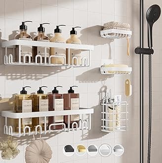 Veken Adhesive Shower Caddy 5-Pack,Heavy Weight Bearing,Large Wall Mounted Shower Shelves Rack,Organizer Storage Accessories with Soap Dish&Toothbrush Holder,Ideal for Bathroom,Home&Kitchen,White