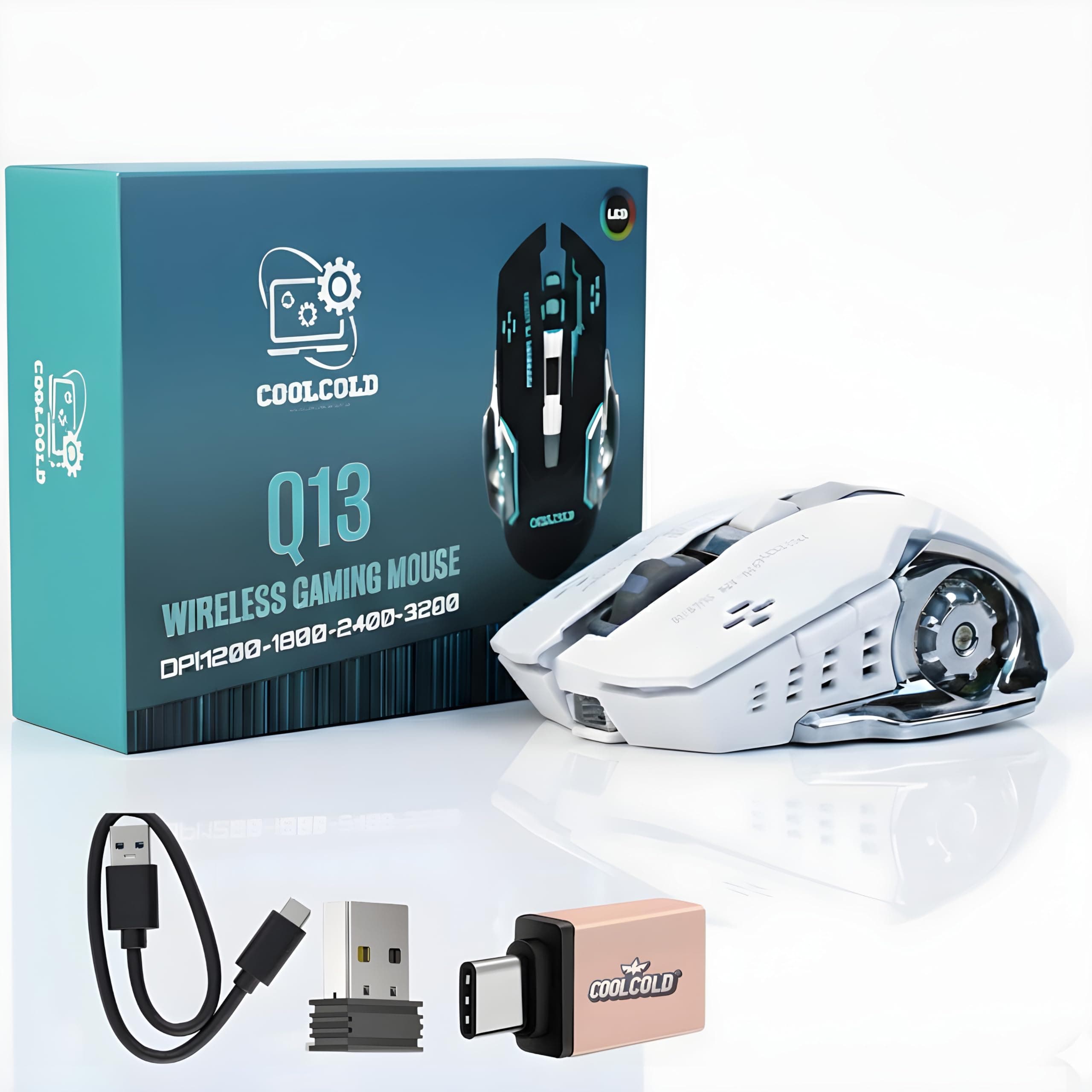 Gaming Mouse | Rechargeable, Wireless Gaming Mouse | with Type c OTG Dongle, 2.4Ghz RGB Lights Mice, Upto 2400 DPI 6 Button, 4 Color Breathing Lights, Distance-10m, (White)