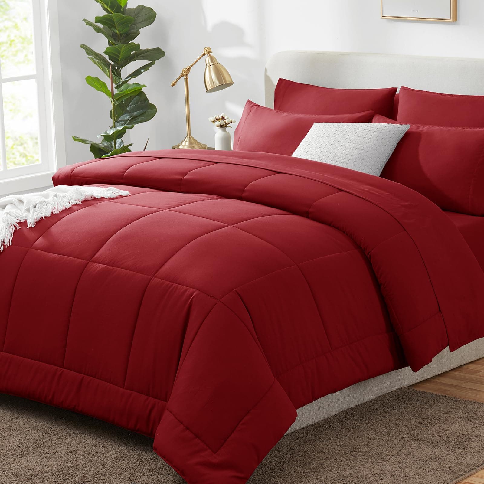 King Size Comforter Set Dark Red, 7 Pieces Bed in a Bag, Red Comforter King Size, All Season Bedding Sets with Stitch Quilted Comforter, Flat Sheet, Fitted Sheet, Pillowcases