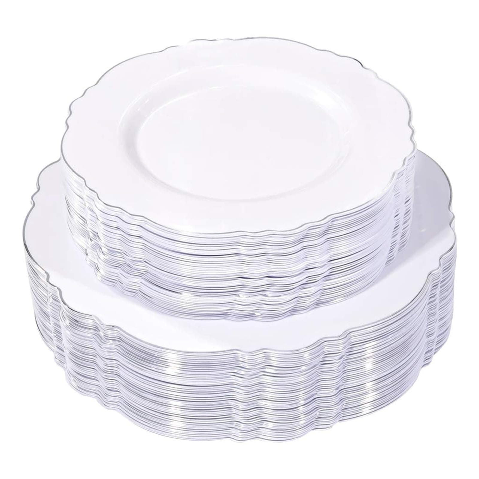 WDF 100pcs Silver Plastic Plates - High-end Baroque Design - Heavy Duty White &Silver Plates for Christmas Upscale Parties &Wedding