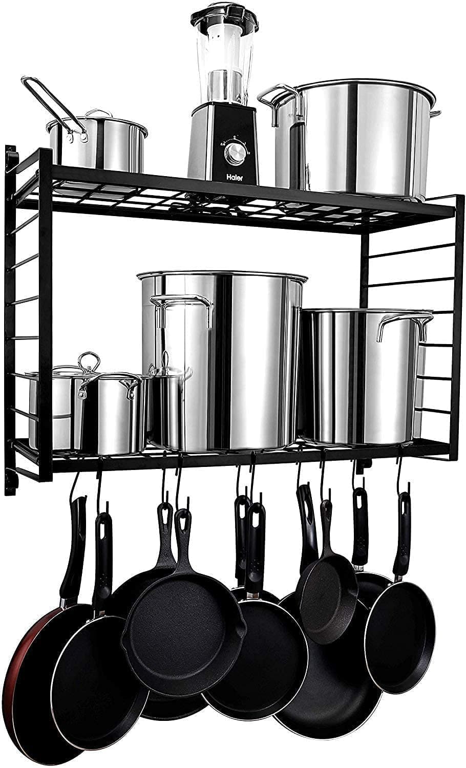 Craftize Mstore Iron 2-Tiered Wall Mounted Multipurpose Kitchen Spice Rack Pot Pan Rack Organizer with 10 S Hooks For Kitchen Storage, Large, Black, Tiered Shelf (Modern)