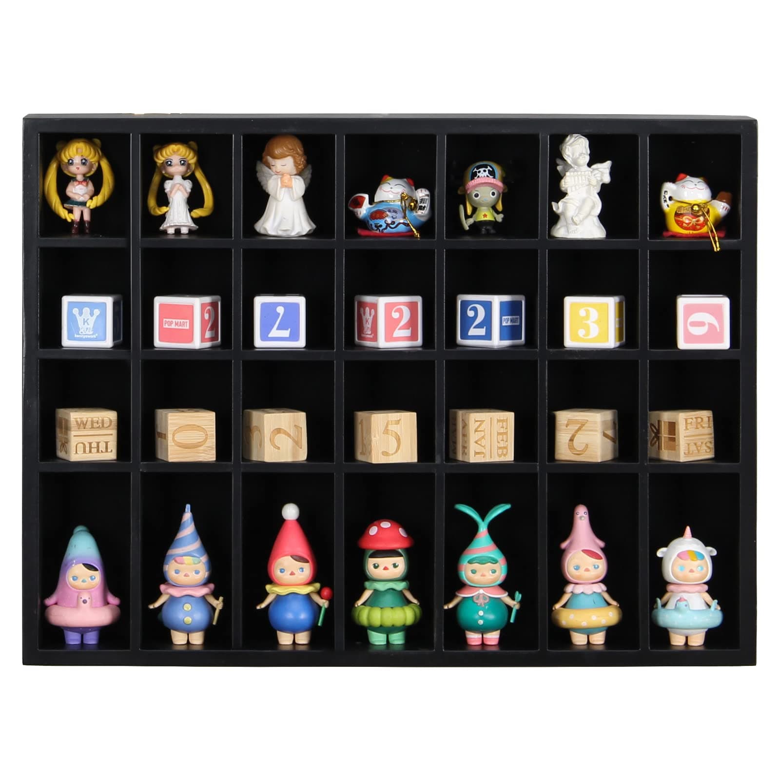 Black Shot Glass Display Case 18”x13” Solid Wood Wall Mounted Collection Cabinet 28 Slots Small Curio Cabinet Rack (No Door)