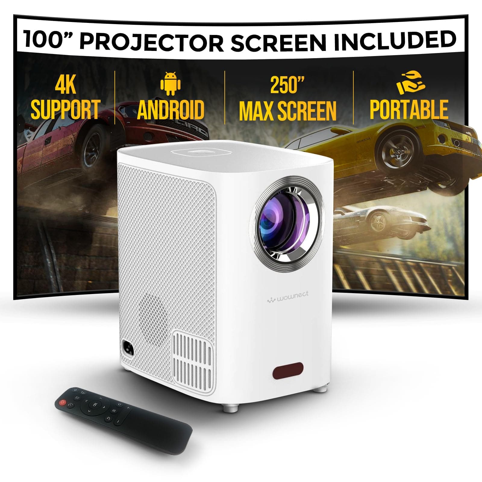 WownectSmart Mini Android Projector With 100 Inch Projector Screen 5500 Lumens | Built-in Dual Hi-Fi Speakers Supported 1080P Portable Projector 4K | Android 9.0 TV Bluetooth WiFi Projector