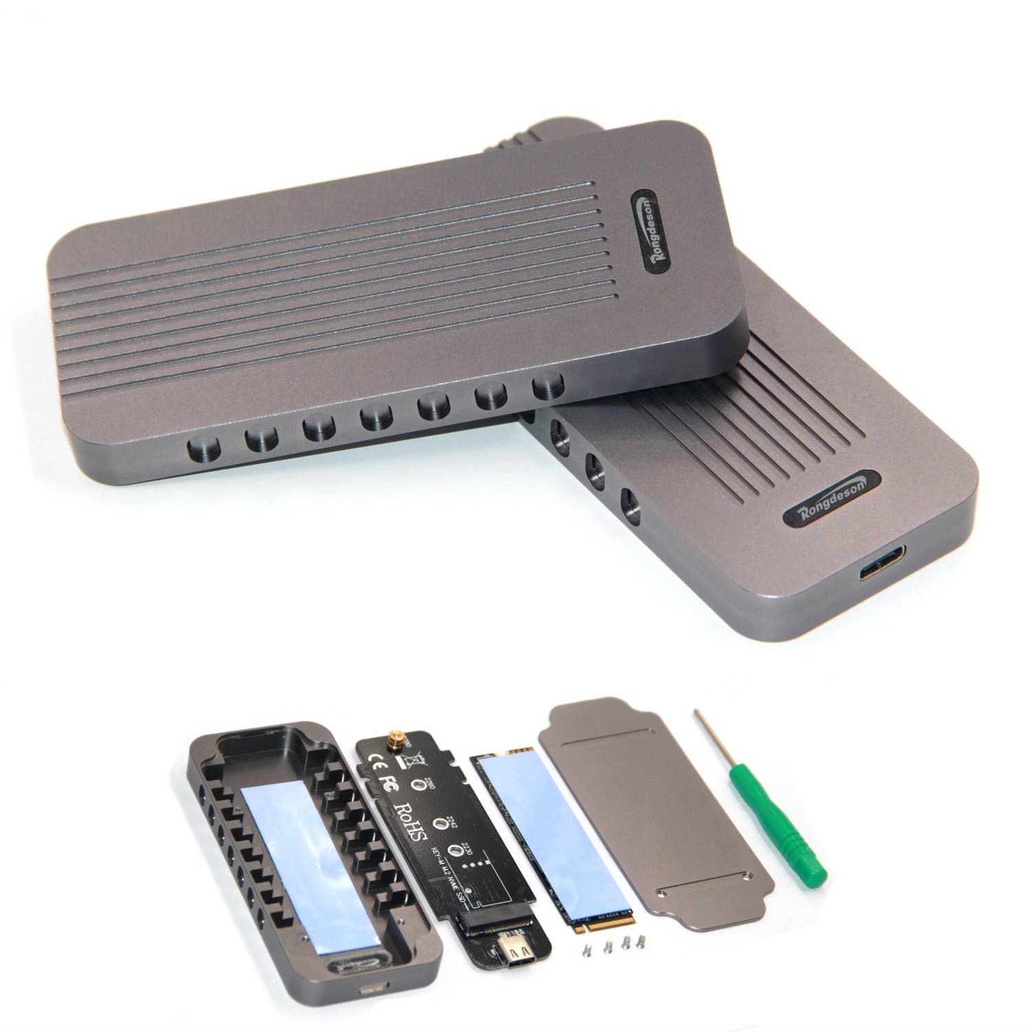 USB Type-C 10Gbps M.2 SSD Enclosure M Key, Rongdeson USB 3.1 to PCI-E NVMe Hard Disk Case Aluminum Design Support 2230 2242 2260 2280 Support Samsung SM951/ SM961 (LM902, Charcoal Gray)