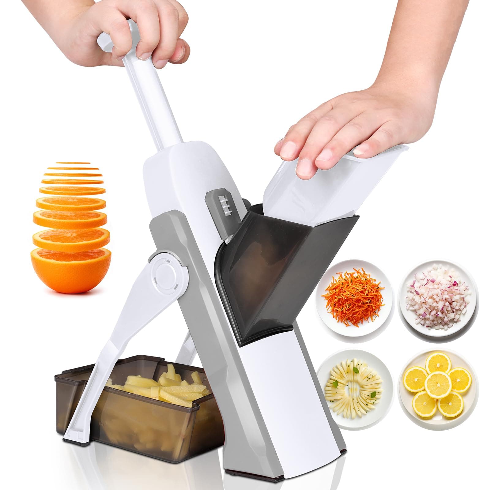 Masthome Mandoline Slicer for Kitchen, 5-in-1 Vegetable Chopper, Thickness Adjustable Kitchen Mandolin with Suction Cups & Safety Guard for Potatoes and Tomatoes, Onion Dicer, Easy Clean and Storage