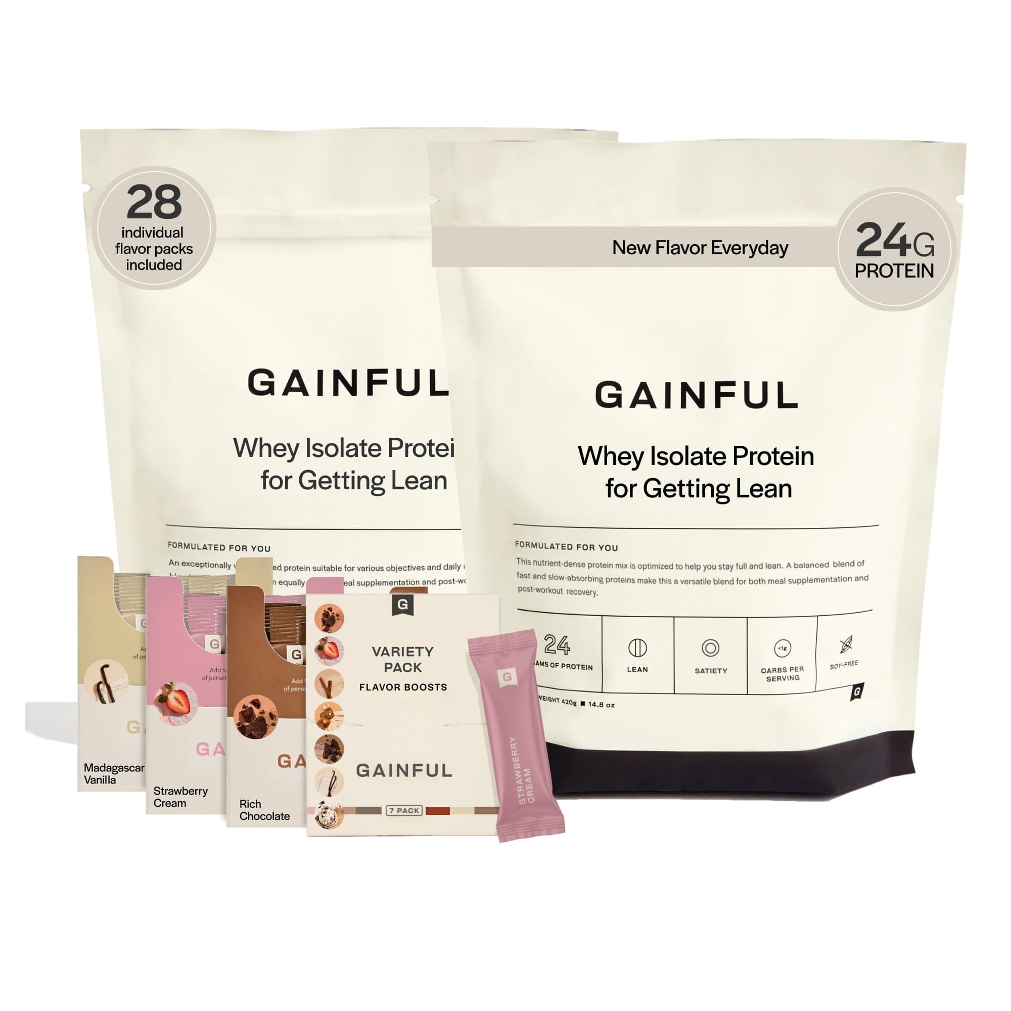 Gainful Whey Protein Powder Get Lean Bundle, Meal Replacement, Post Workout Support, Whey Isolate + Concentrate, Unflavored w/Chocolate, Vanilla, Strawberry & Variety Pack Flavor Boosts, 28 Servings