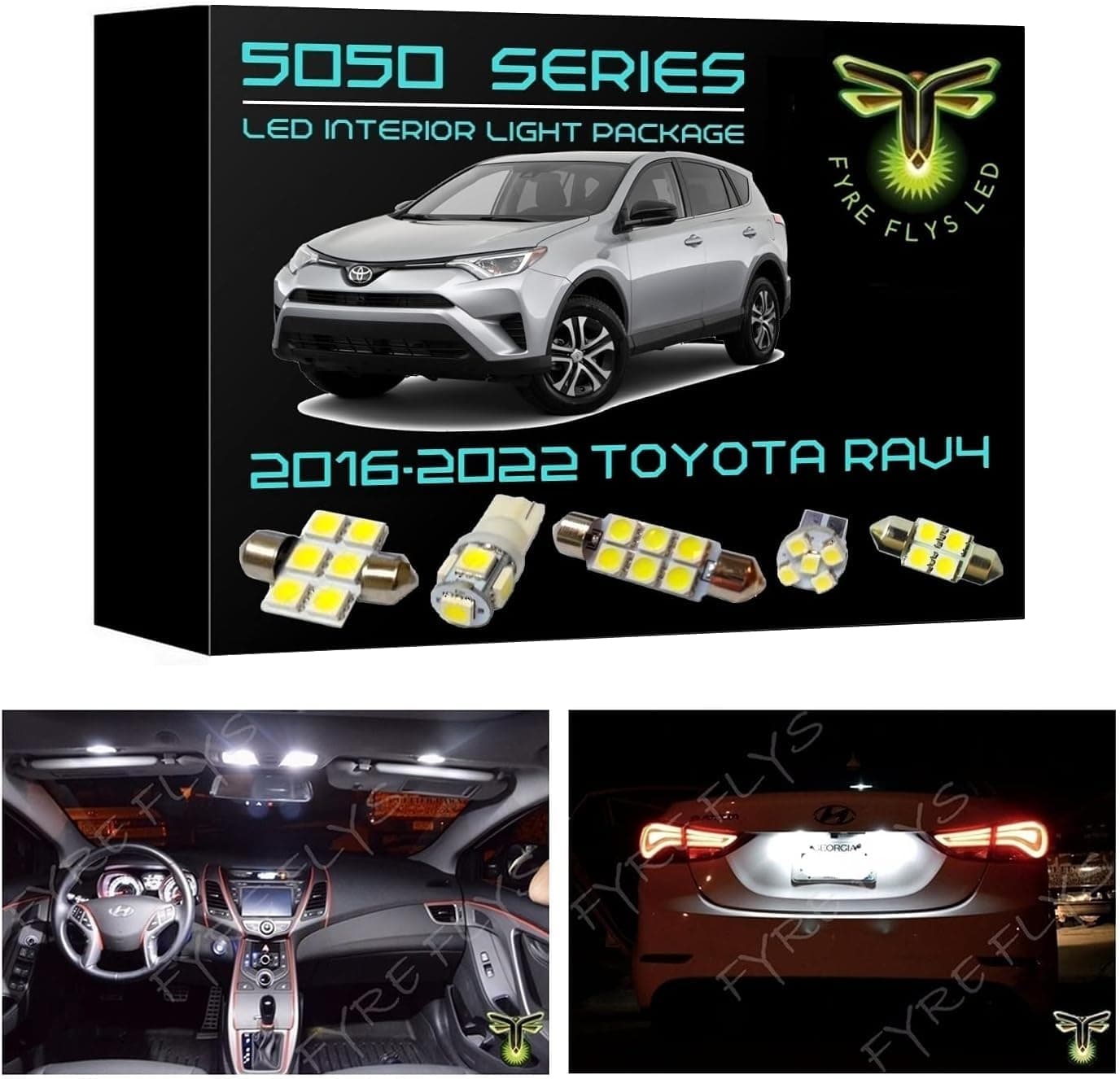 Fyre Flys 8 Piece White LED Interior Lights for 2016-2022 Toyota RAV4 6000K 5050 Series SMD Package Kit and Install Tool
