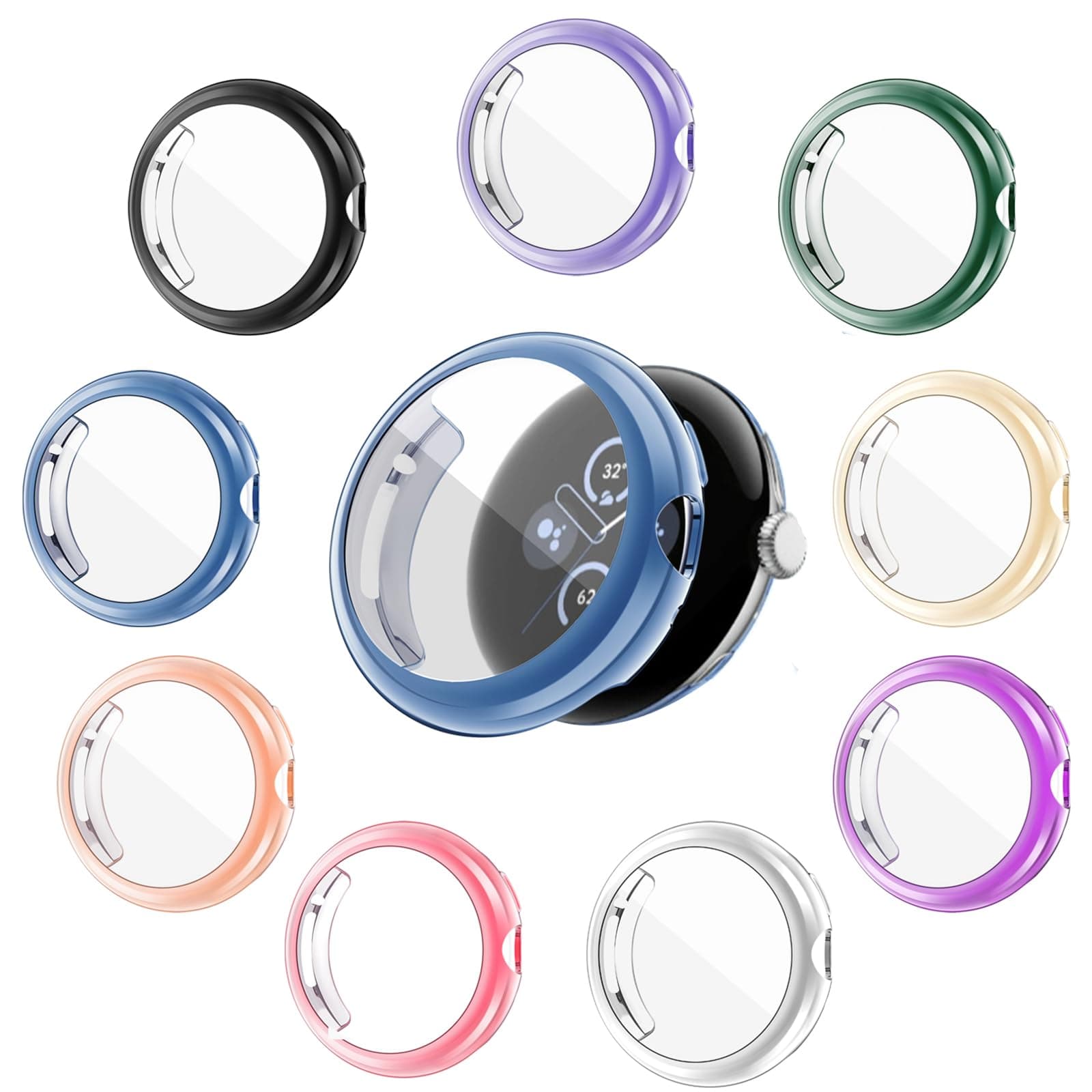9-Pack Watch Case with Screen Protector Compatible with Google Pixel Watch 1/2/ 3 (41mm), Soft TPU Scratch Resistant Flexible Covers for Pixel Watch1&2&3 41MM (9 Colors Pack)