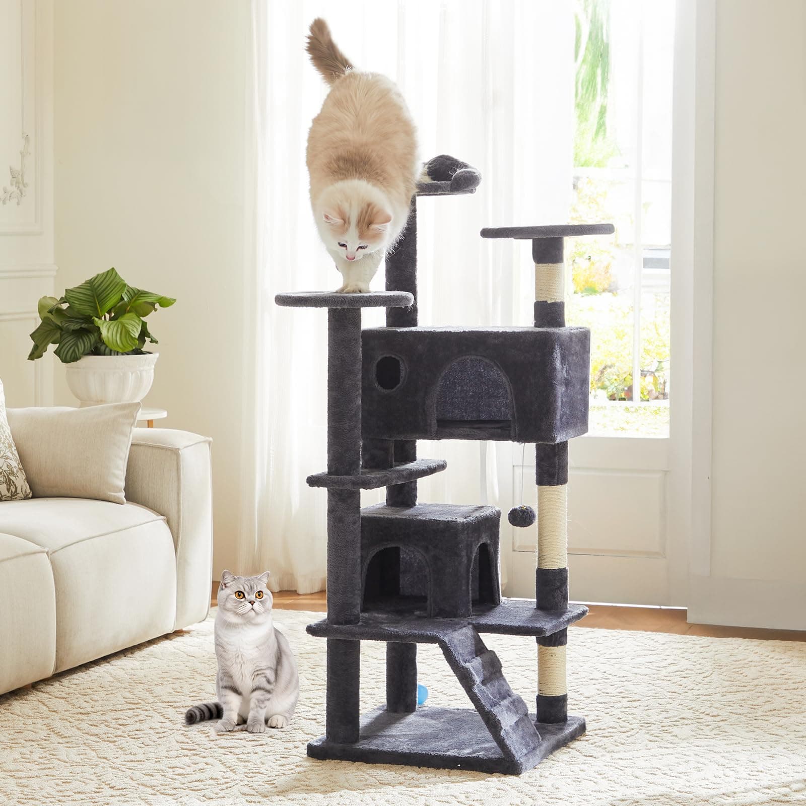 DUMOS 54-inch Indoor Cat Tree Tower –Multi-Level Pet House for Large Cats with 2 Condos, Scratching Posts, Round Platform, Small Ladder, and Toys – Perfect for Cats of All Ages, Dark Grey