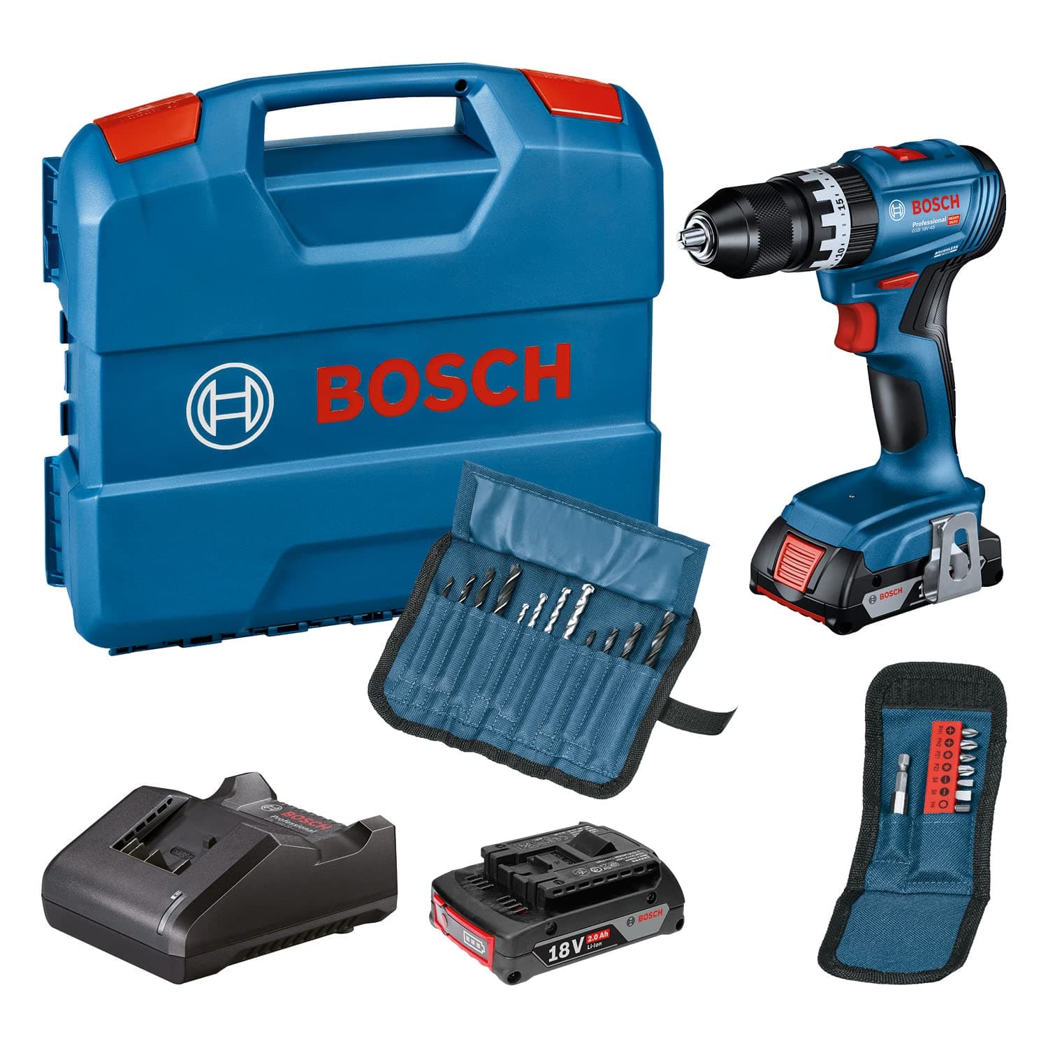 Bosch Professional 18V System Cordless Impact Drill Driver GSB 18V-45 (rotational Speed of 1, 900 RPM, 2X 2.0Ah Batteries, accesories, GAL 18V-20, L-Case) - Amazon Exclusive, 06019K3372, Blue