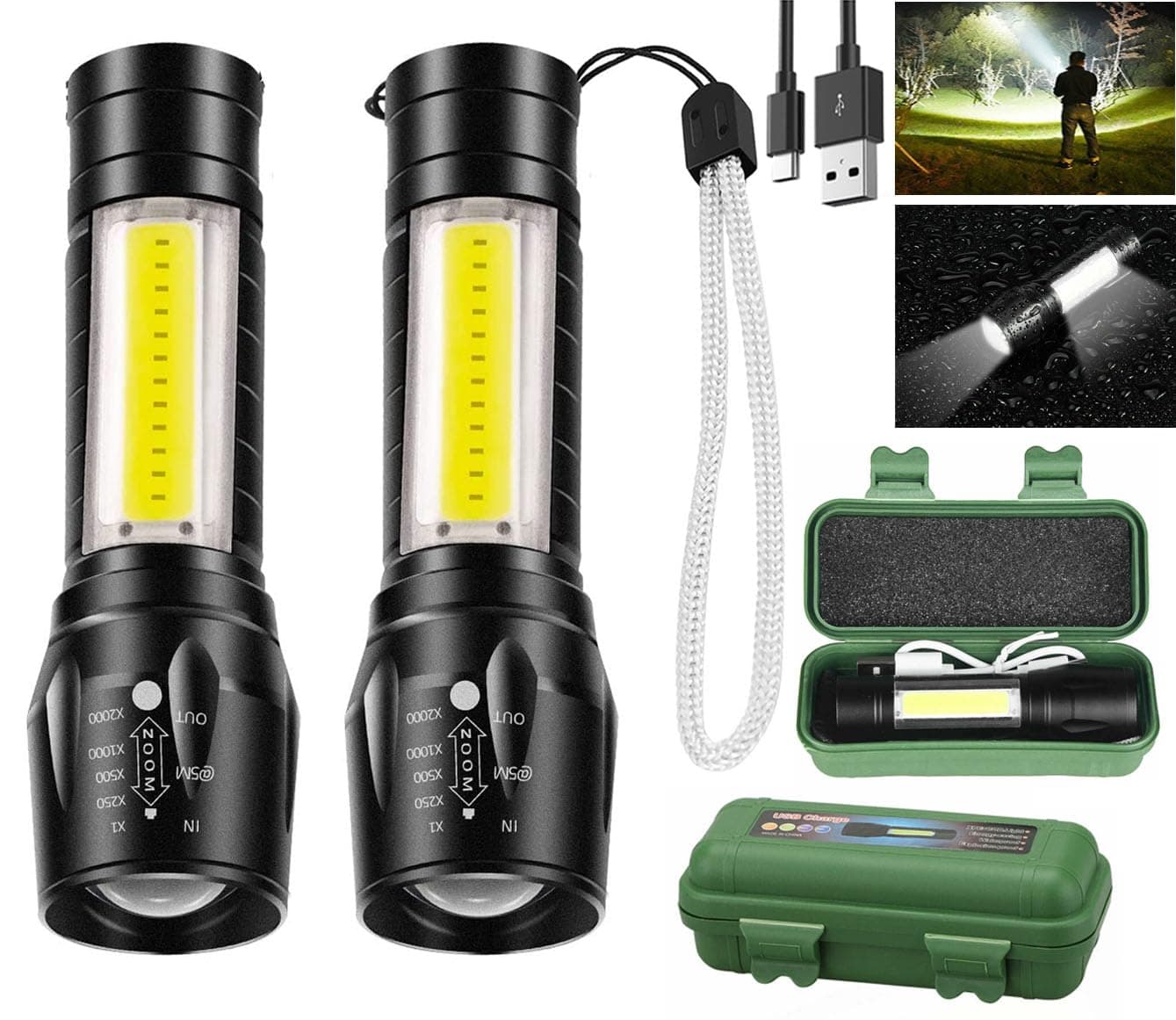 Led Flashlight Rechargeable USB Torch Mini Small Light Super Bright Handheld Tiny Portable Pocket Flash Light with COB Side Searchlight High Lumens Zoomable Emergency Camping Accessories 2 Pack