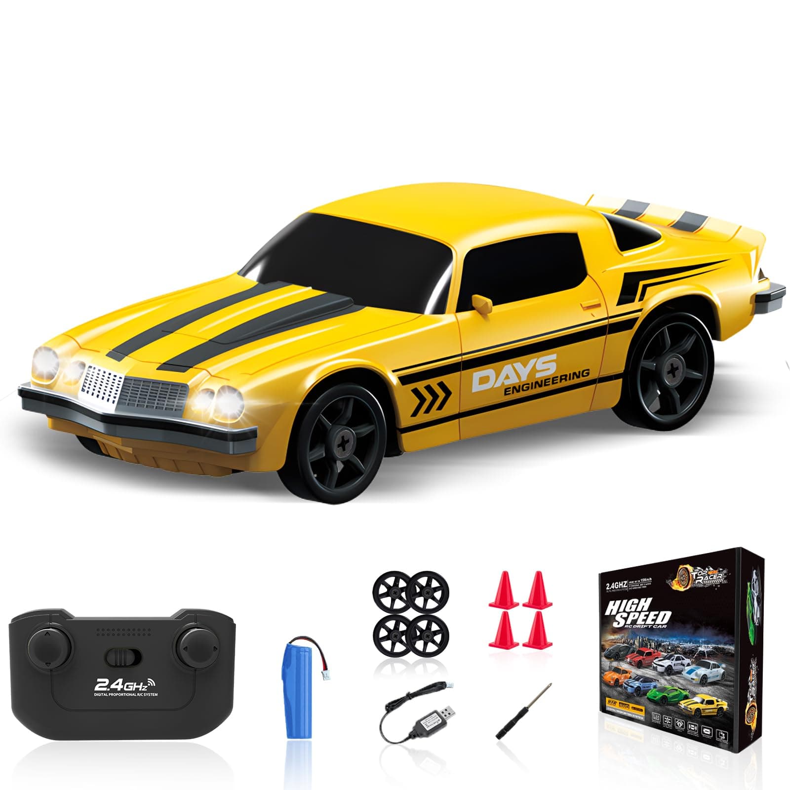 RC Drift Car 1/24 2.4GHz Remote Control Car 4WD High Speed Drifting RC Cars with Light Rechargeable Battery and Drift Tires Racing Cars Toys for Kids Adults Girl Boys, Yellow